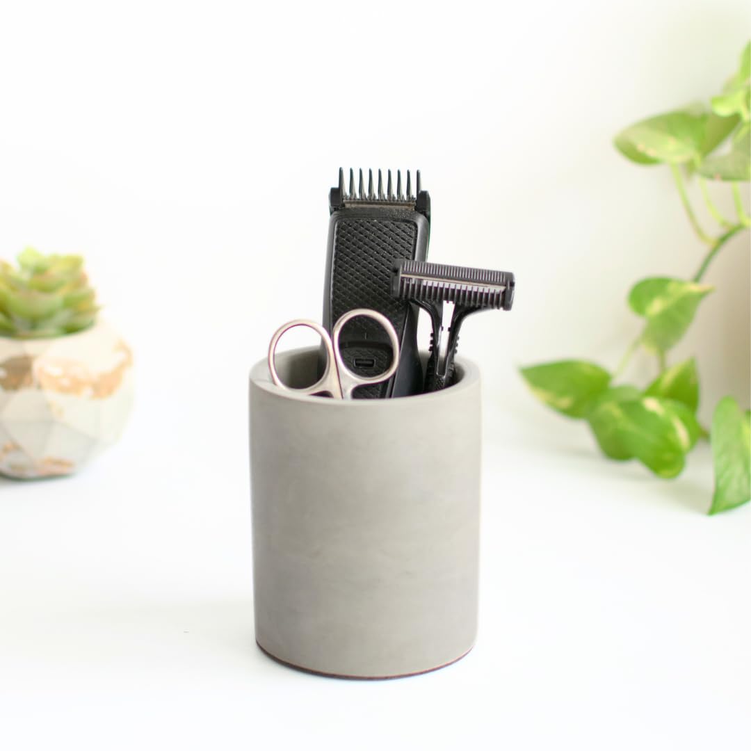 Dwell Dapper Ceramic Concrete Toothbrush Holder - Handcrafted Multi-Purpose Organizer for Bathroom & Office - Pen Holder, Remote Control Stand - Modern Grey Home Decor for Countertop & Desk Organization