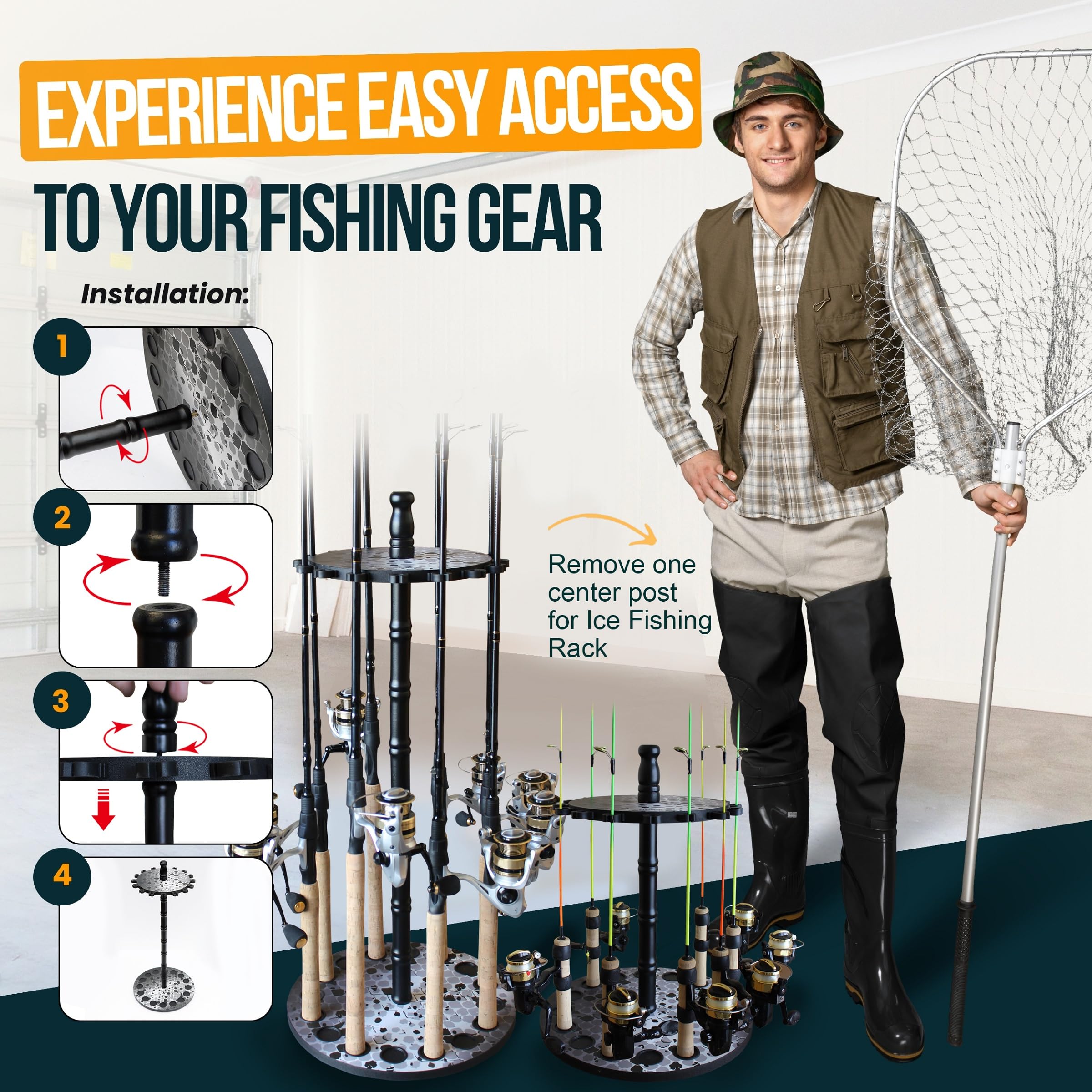 Rush Creek Creations 16-Slot Round Spinning Rod Holder for Fishing Poles, Gear & Accessories - Garage Storage Organizer for Anglers | Perfect for Boat, Garage & Tackle Room Organization