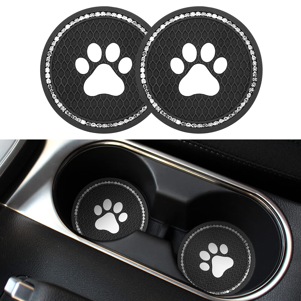 2PCS Universal Bling Car Cup Coaster Set - Rhinestone Car Accessories with 2.75 Inch Dog Paw Design - Non-Slip Cup Holder Insert Mat Pad for Most Vehicles (Black/White) - Perfect for Coffee, Drinks & Car Interior Protection