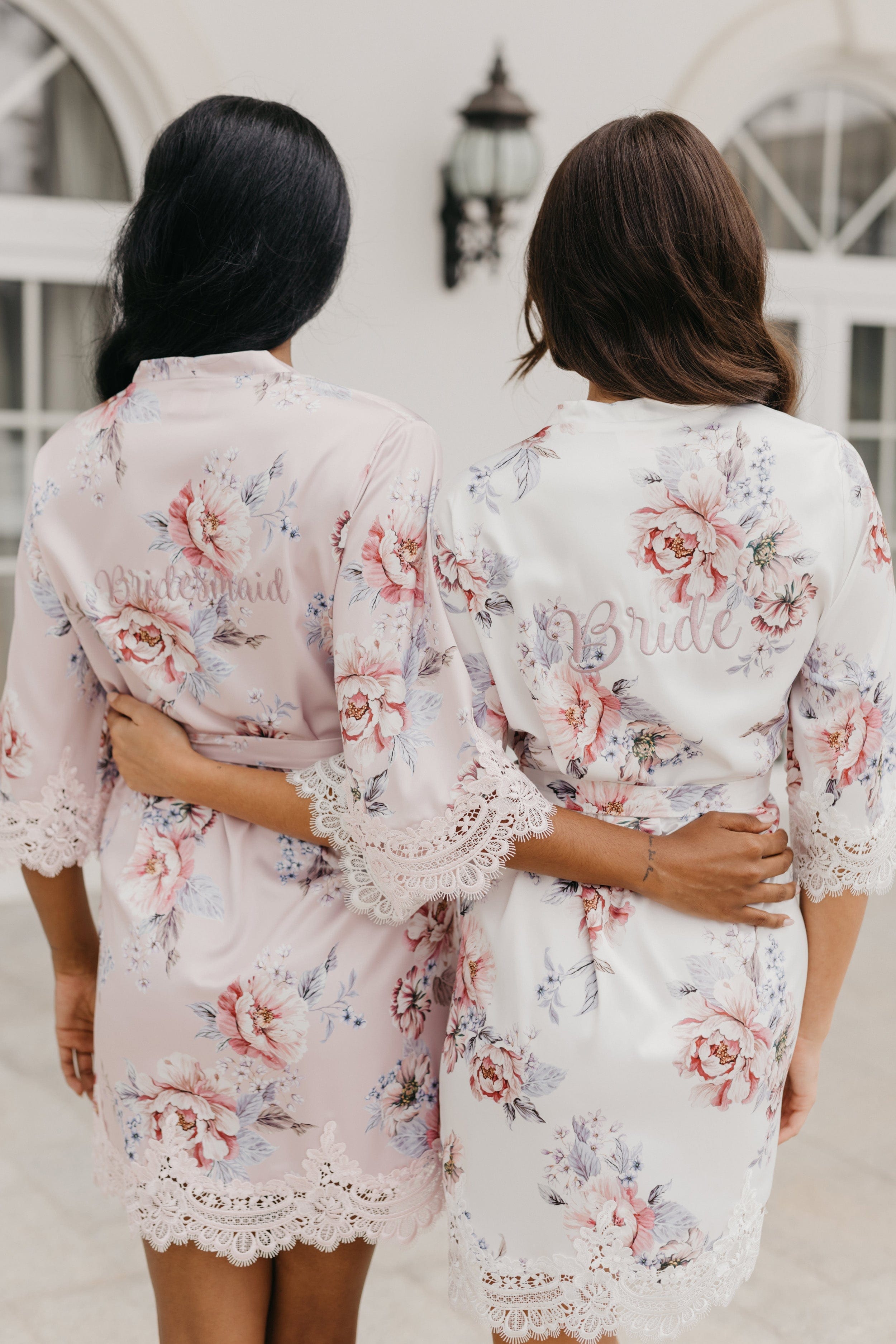 Serena Veiled Rose Printed Lace Trim Satin Robe - Elegant Bridal Lingerie & Boudoir Dress for Wedding Night, Honeymoon & Romantic Occasions