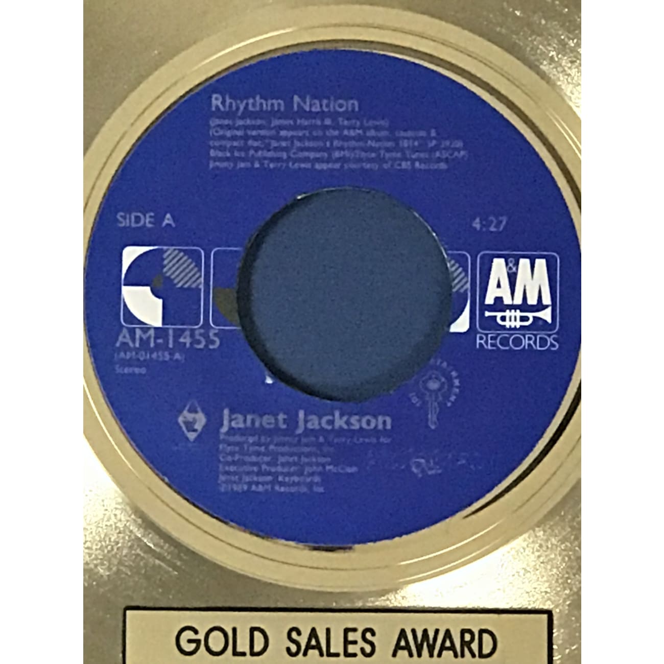 Janet Jackson Rhythm Nation RIAA Gold Single Award - Rare Collectible Music Memorabilia for Fans & Collectors - Perfect for Display in Music Rooms, Theaters, and Fan Collections