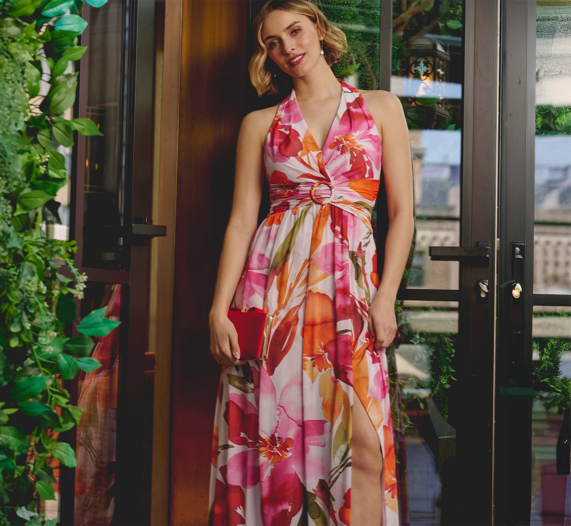 Elegant Sleeveless Surplice Floral Chiffon Gown - Pink & Orange Multi-Color Summer Dress for Beach Wedding, Party & Special Occasions