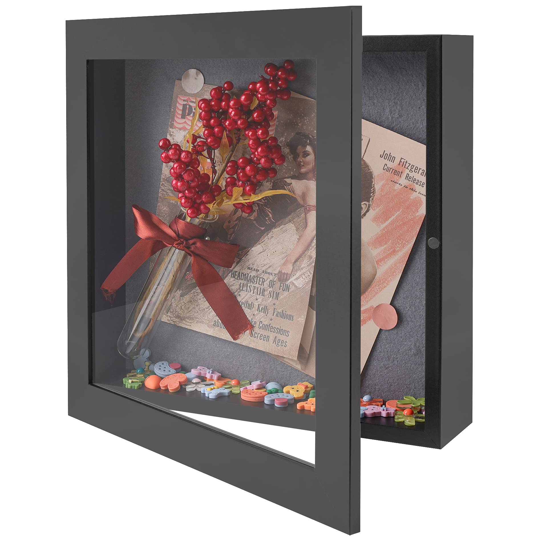 Frametory 11x11 Shadow Box Frame - Front Opening Display Case with 2 Inch Depth for Wall & Tabletop - Memory Keepsake Box with 6 Pins Included (Black) - Perfect for Wedding Memorabilia, Baby Firsts & Home Decor