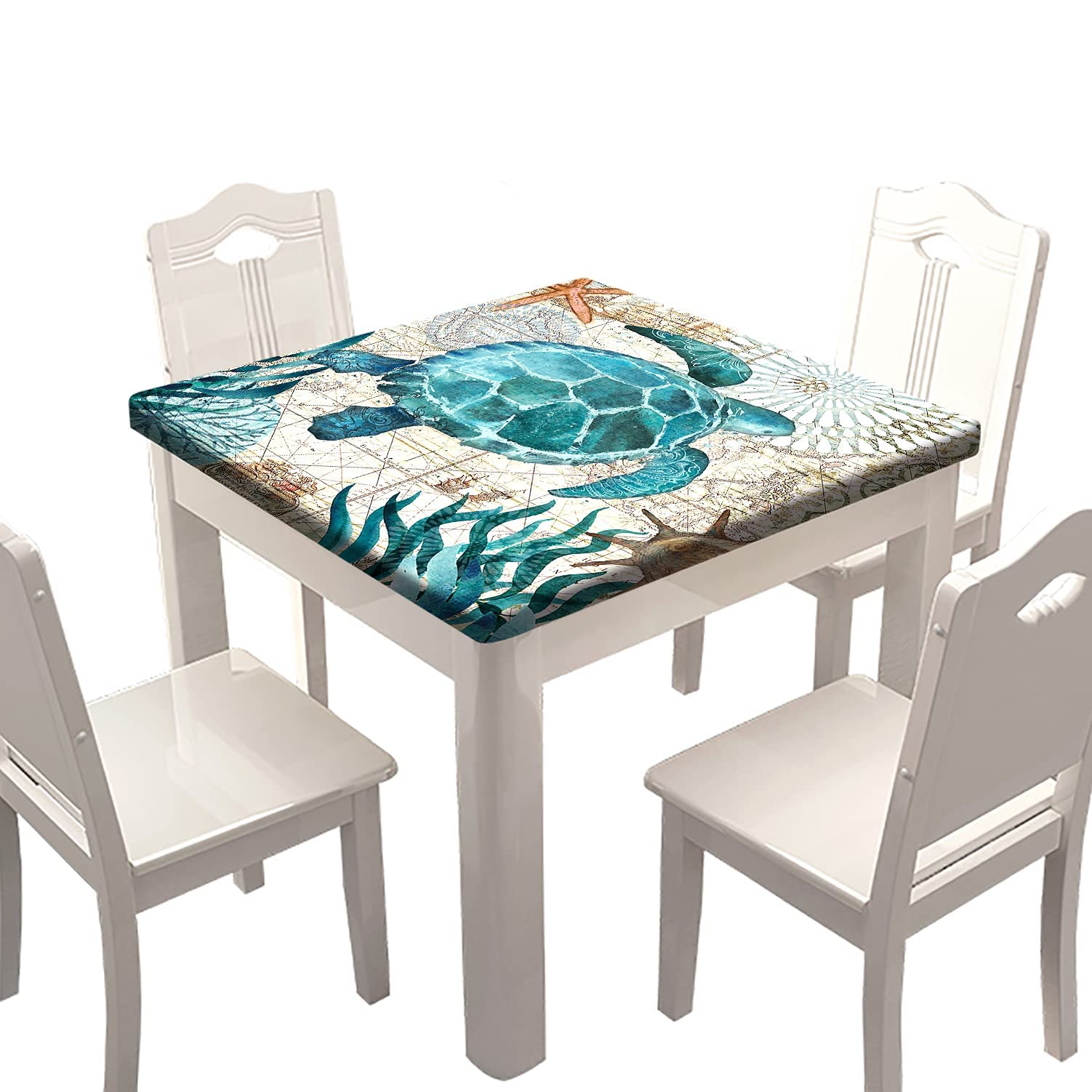 Ocean Turtle Print Elastic Edge Square Tablecloth - Wrinkle & Dust Proof Washable Polyester Table Cover for 24