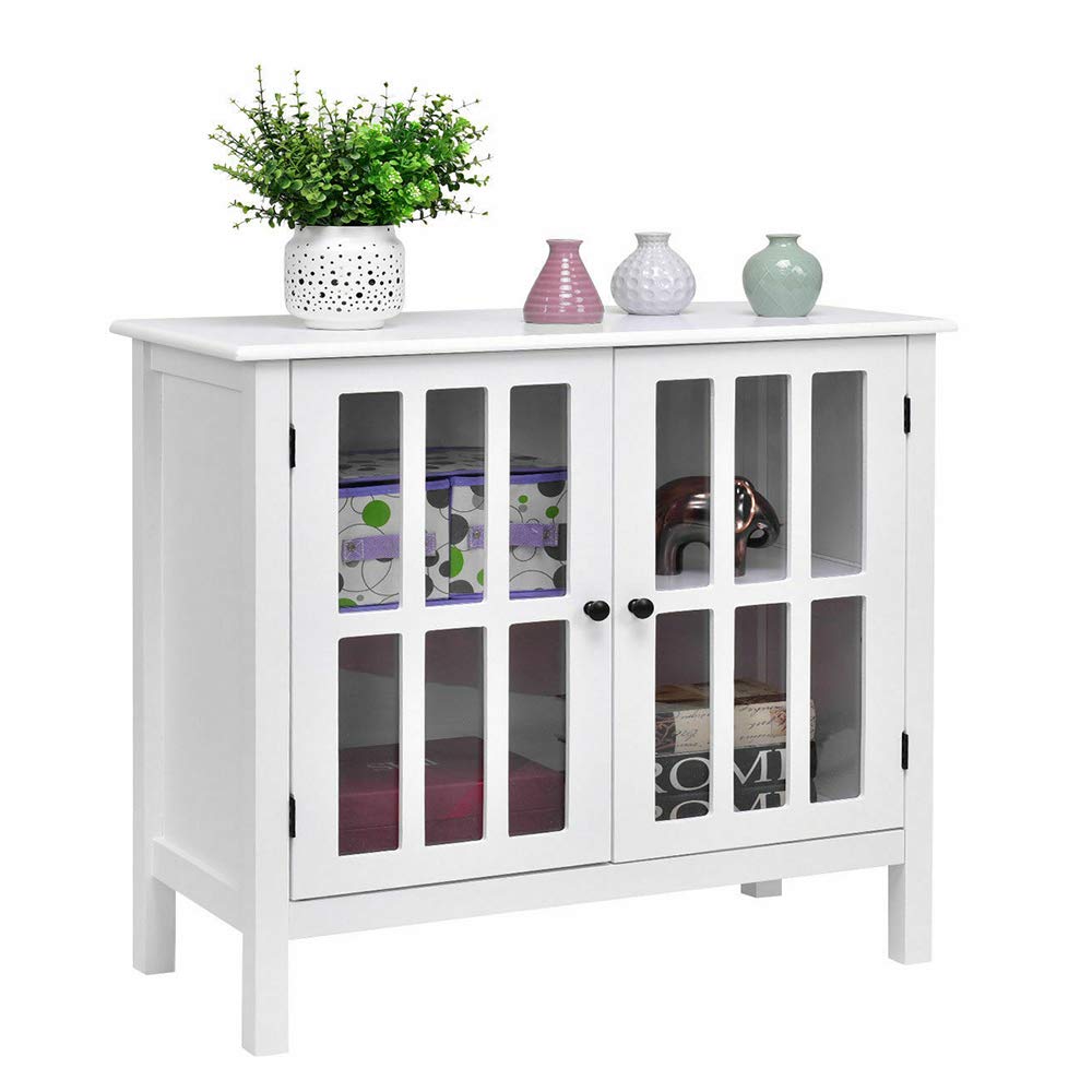 Modern White Storage Buffet Cabinet with Glass Doors - 32