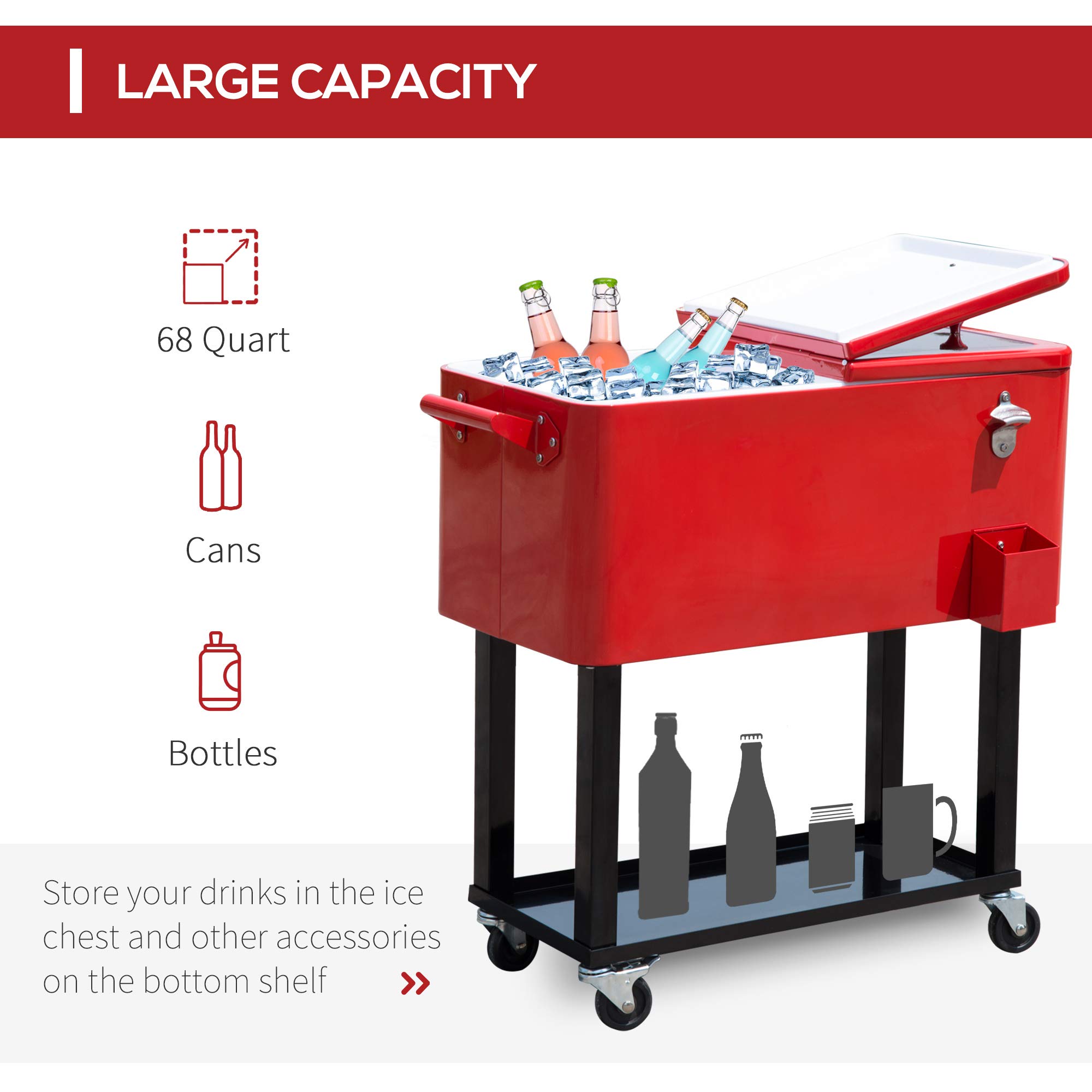 Outsunny 80 QT Rolling Cooler with Wheels - Portable Ice Chest for Outdoor Parties, Camping, Beach & Tailgating - Stand-Up Drink Cooler Cart (Red)
