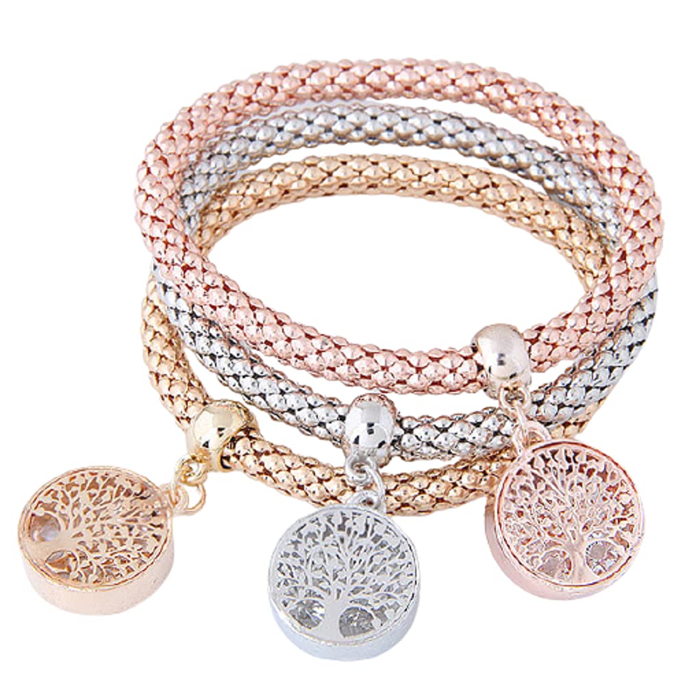 3PCS Gold Silver Rose Gold Corn Chain Bracelet Set - Tree of Life Heart Shaped Stretch Bracelet with Crystal Charms, Multi Layer Boho Bracelets for Women | Perfect for Parties, Gifts & Everyday Wear