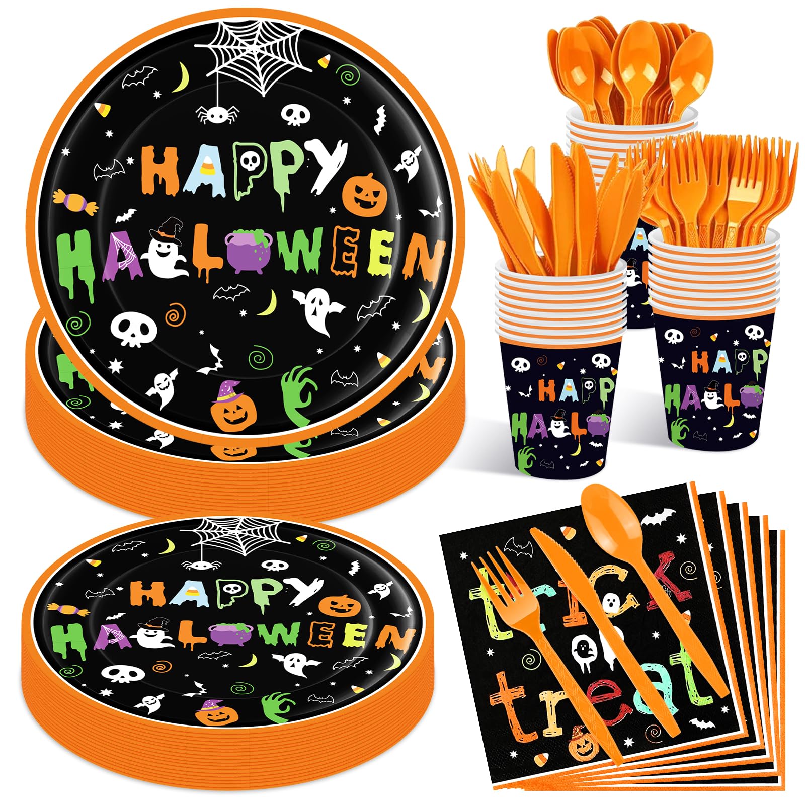 175-Piece Halloween Party Tableware Set - Disposable Dinnerware for 25 Guests, Includes Plates, Cups, Napkins, Forks, Spoons & Knives - Perfect for Trick or Treat, Halloween Parties & Spooky Celebrations