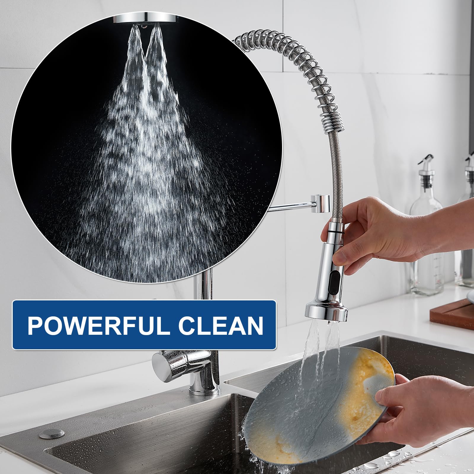 QAOYEDE Pull Down Kitchen Faucet Sprayer Head Replacement - Chrome Finish with G 1/2 Male Thread (No Adapter) - Dual Function Spray & Waterfall Modes for Kitchen Sink Faucets - Perfect for Dishwashing, Food Prep & Cleaning Fruits/Veggies