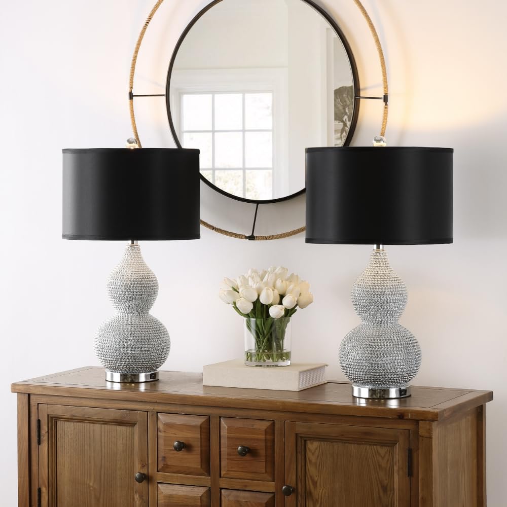 SAFAVIEH Nicole Modern Silver Bead Base & Black Shade 25-inch Table Lamp Set of 2 - LED Bulbs Included for Bedroom, Living Room, Home Office & Nightstand Lighting Decor