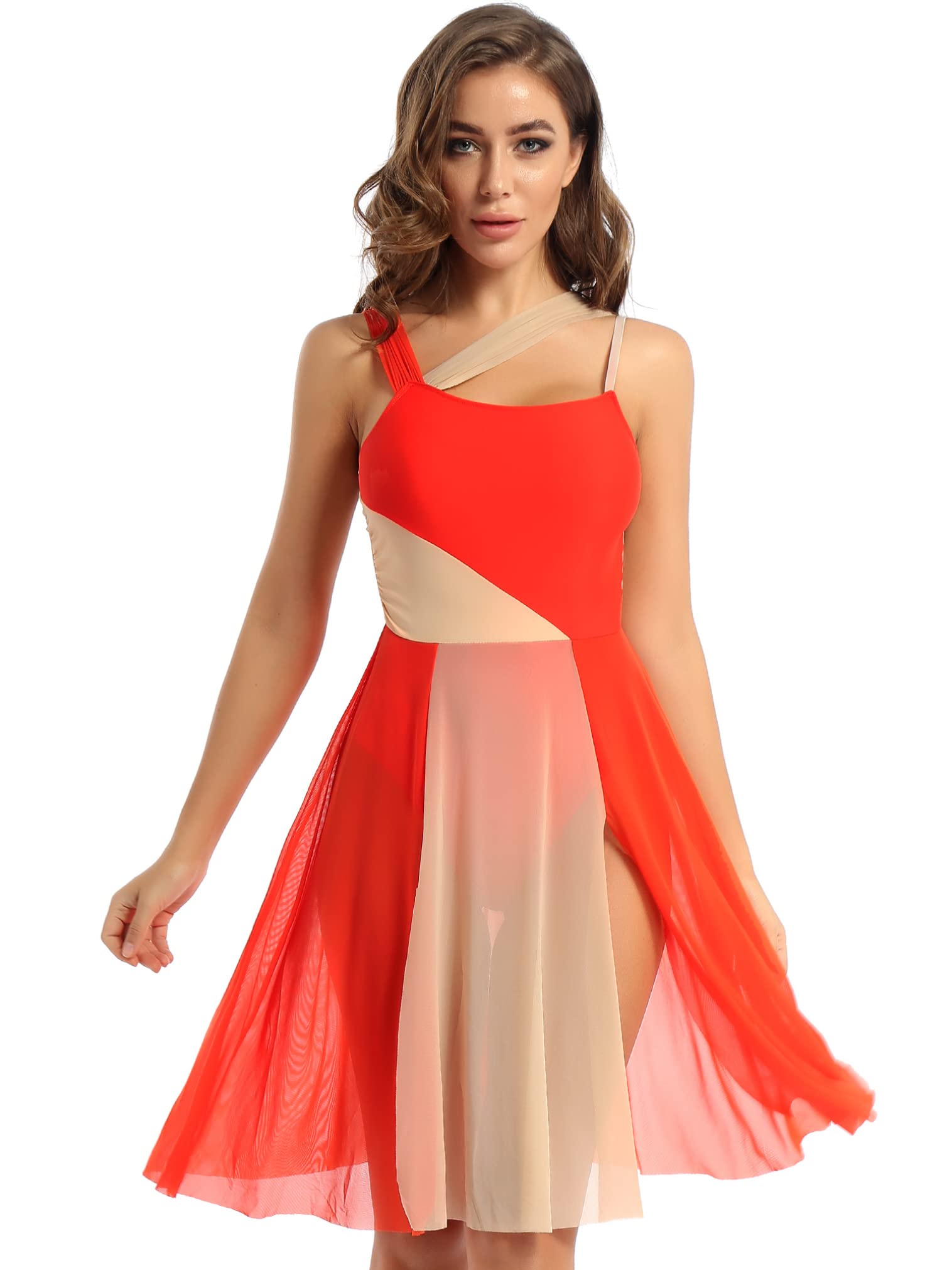 FEESHOW Lyrical Women Adults Sleeveless Mesh Color Block Leotard Dress - Modern Contemporary Dance Costume for Performances, Competitions & Stage Shows