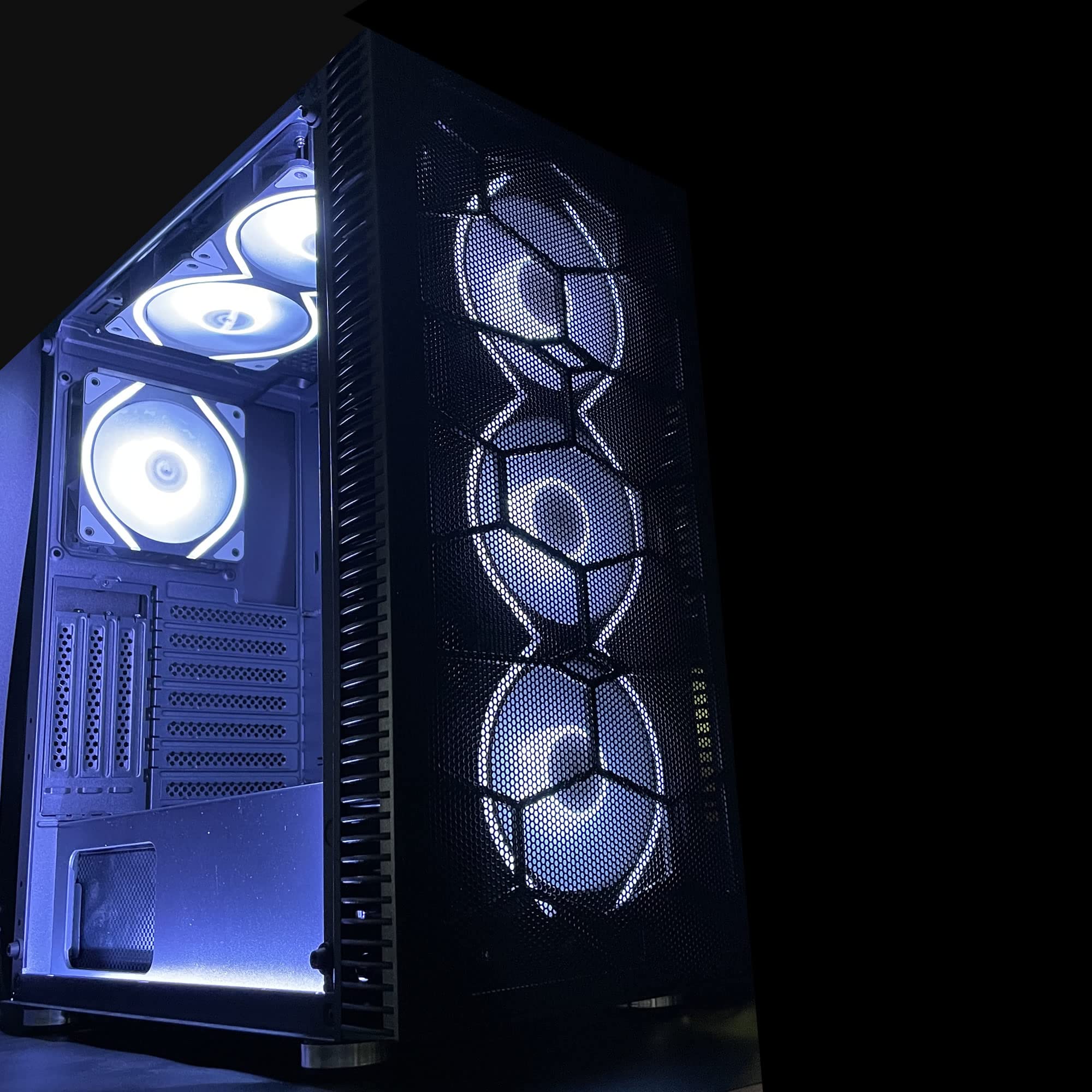 SaharaGaming P44M Mid Tower PC Case - Mesh & Tempered Glass Design with 4 x 120mm RGB Pirate Eye Fans & Universal Fan Hub (Black) - Ideal for Gaming Rigs, Streaming Setups & Custom PC Builds