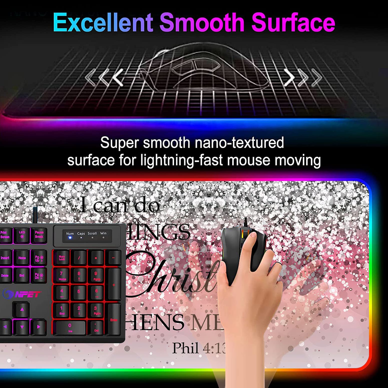 RGB Gaming Mouse Pad with LED Lights - Large Non-Slip Desk Mat for Keyboard & Mouse - Pink Sparkle Glitter Design with Philippians 4:13 Bible Verse - Perfect for PC Gaming, Office Work & Home Decor