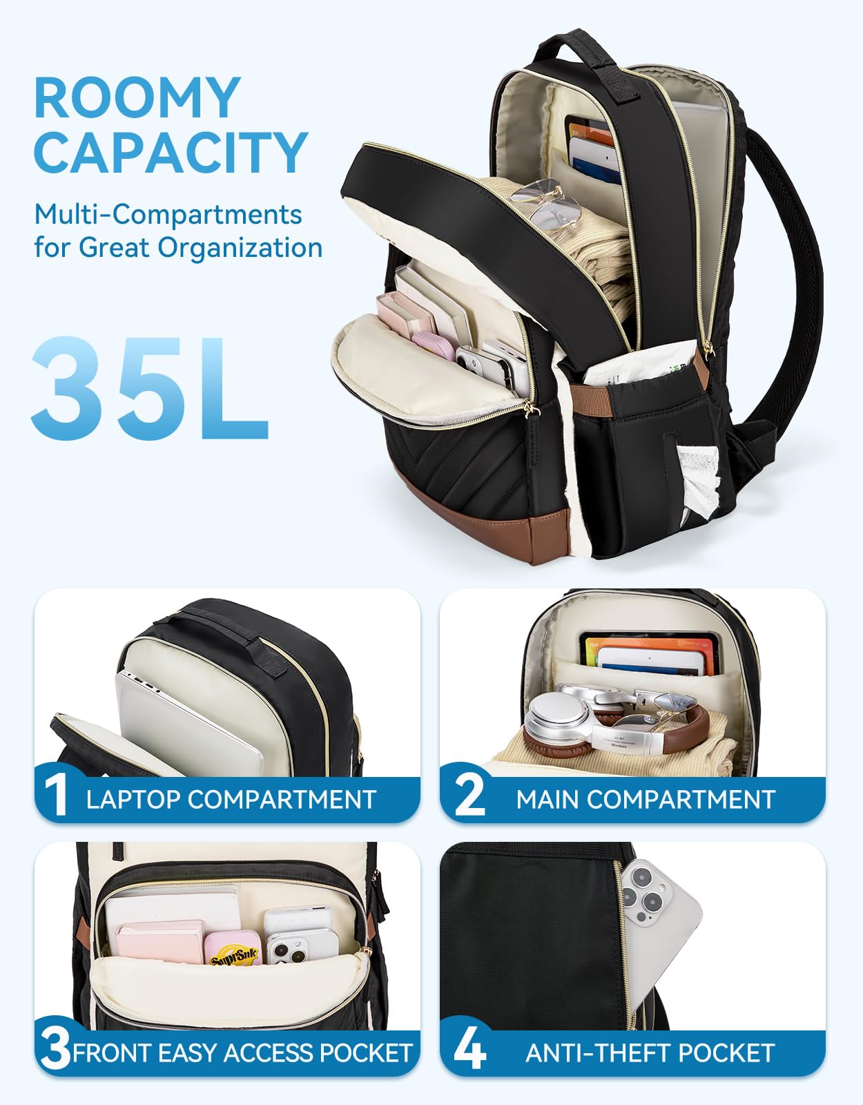 BOSTANTEN 15.6 Inch Women's Laptop Backpack - Stylish College Teacher Computer Bag, Travel Backpack Purse in Brown & Black for Work, School, and Daily Commute