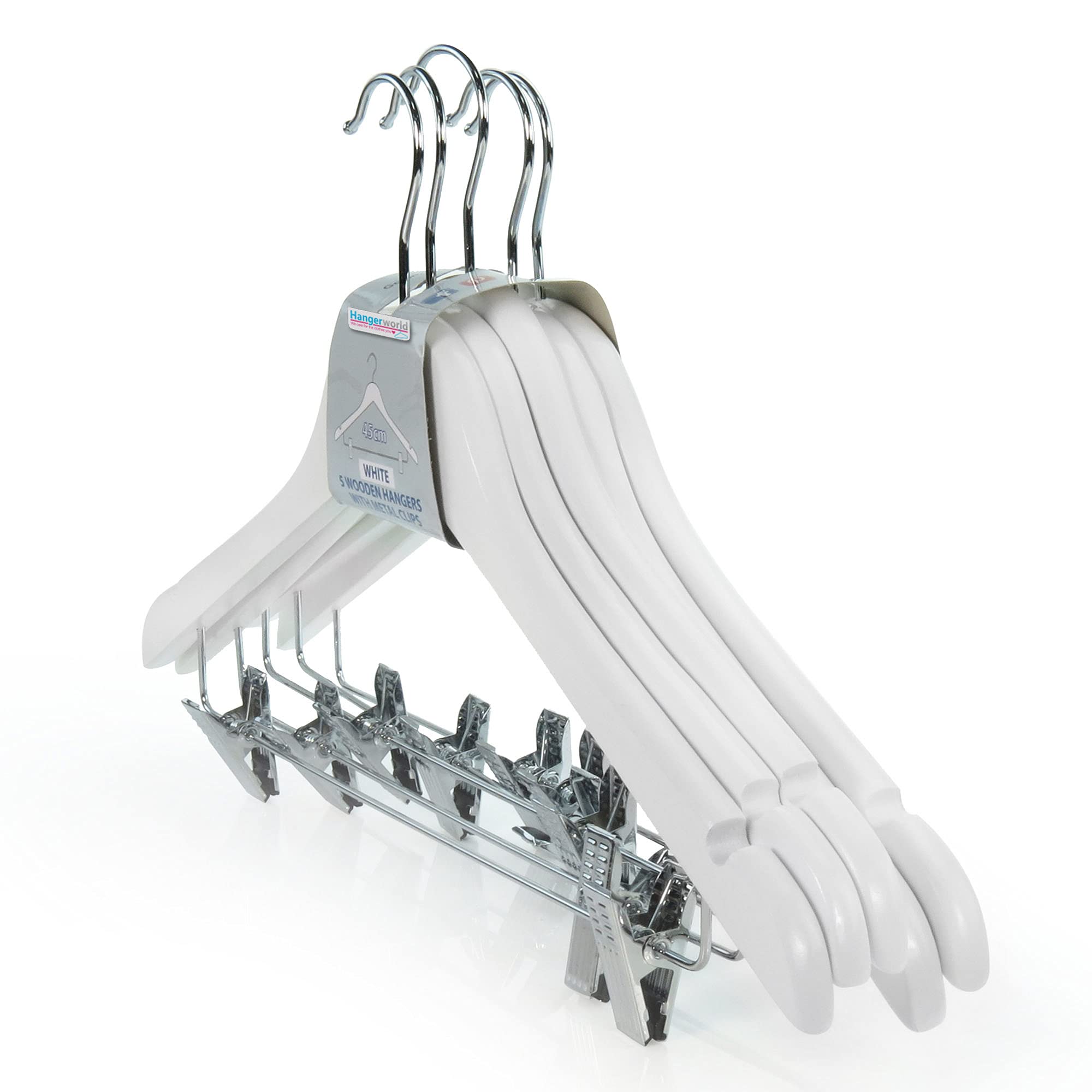 HANGERWORLD 5 Pack White Wooden Clothes Hangers with Adjustable Clips - 17.7 Inch Non-Slip Shoulder Notches for Dresses, Pants, Skirts - Perfect for Closet Organization & Wardrobe Storage