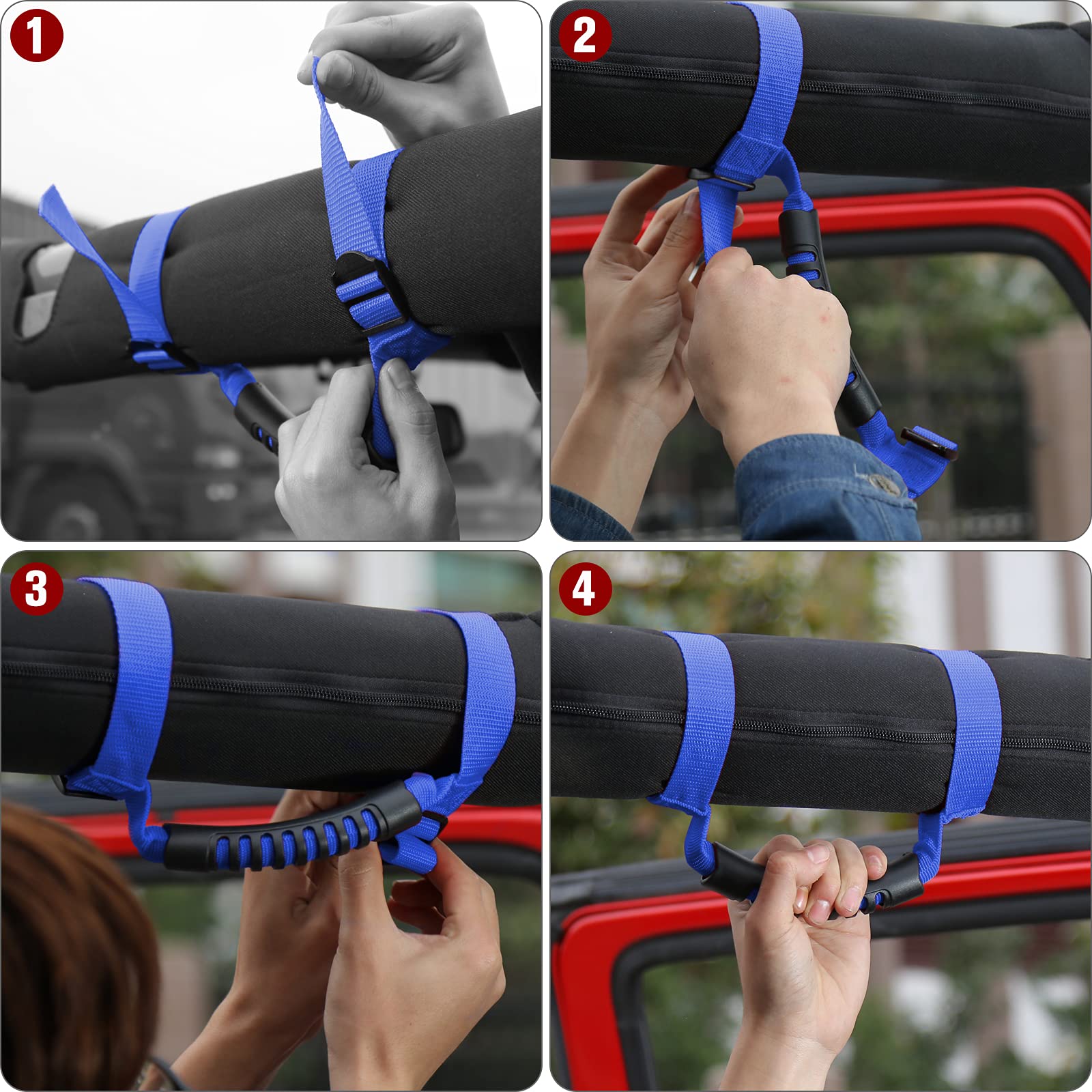 CheroCar Heavy Duty Roll Bar Grab Handles for Jeep Wrangler (1987-2020) - Black & Blue Off-Road Accessories for YJ TJ LJ JK JL Models - Perfect for Sahara, Rubicon & Unlimited - Enhanced Safety & Comfort During Off-Roading Adventures