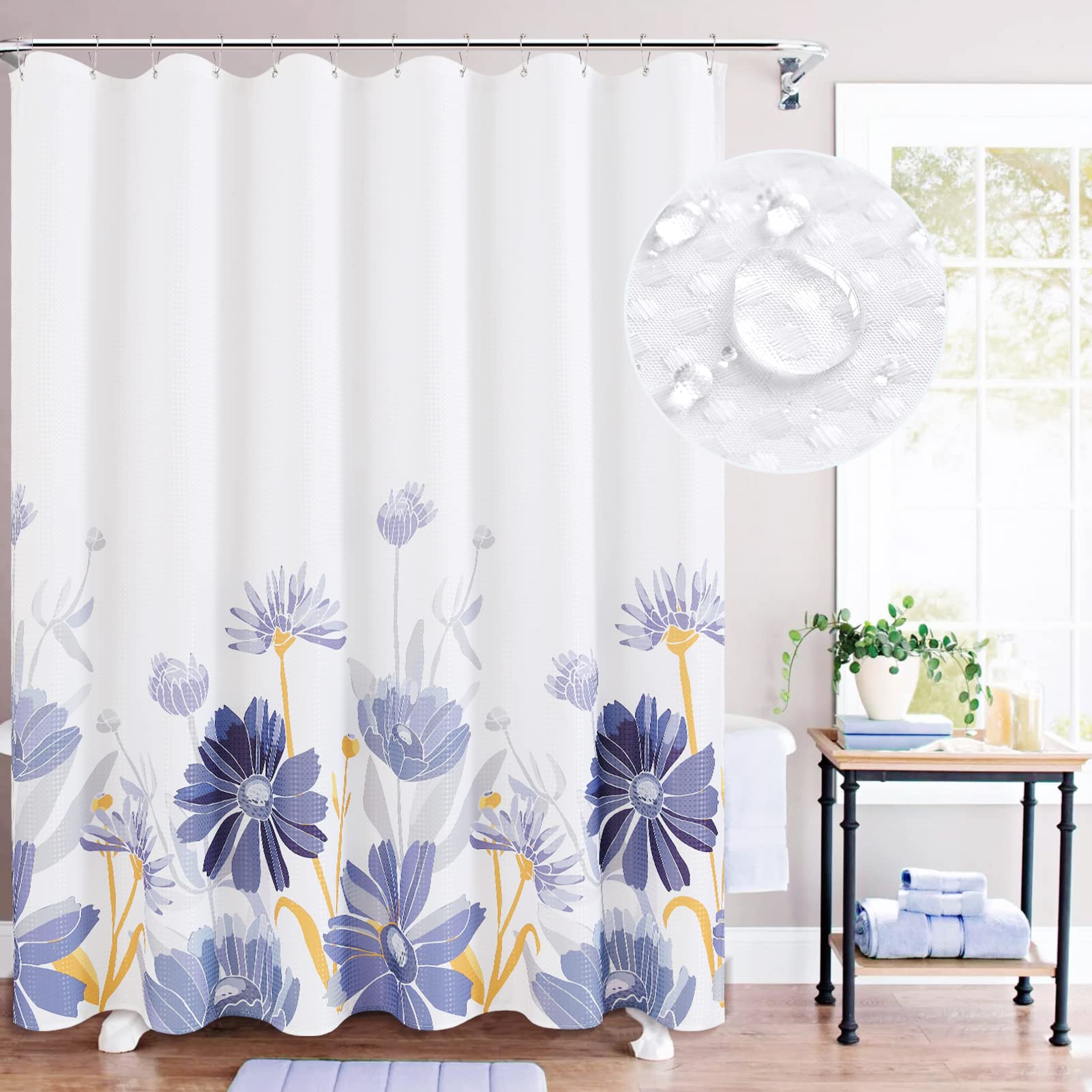 Waterproof Boho Waffle Weave Shower Curtain - Grey White Floral Plant Watercolor Design - 72x72 Inch Farmhouse Bathroom Decor with 12 Hooks - Perfect for Modern, Rustic & Bohemian Style Bathrooms