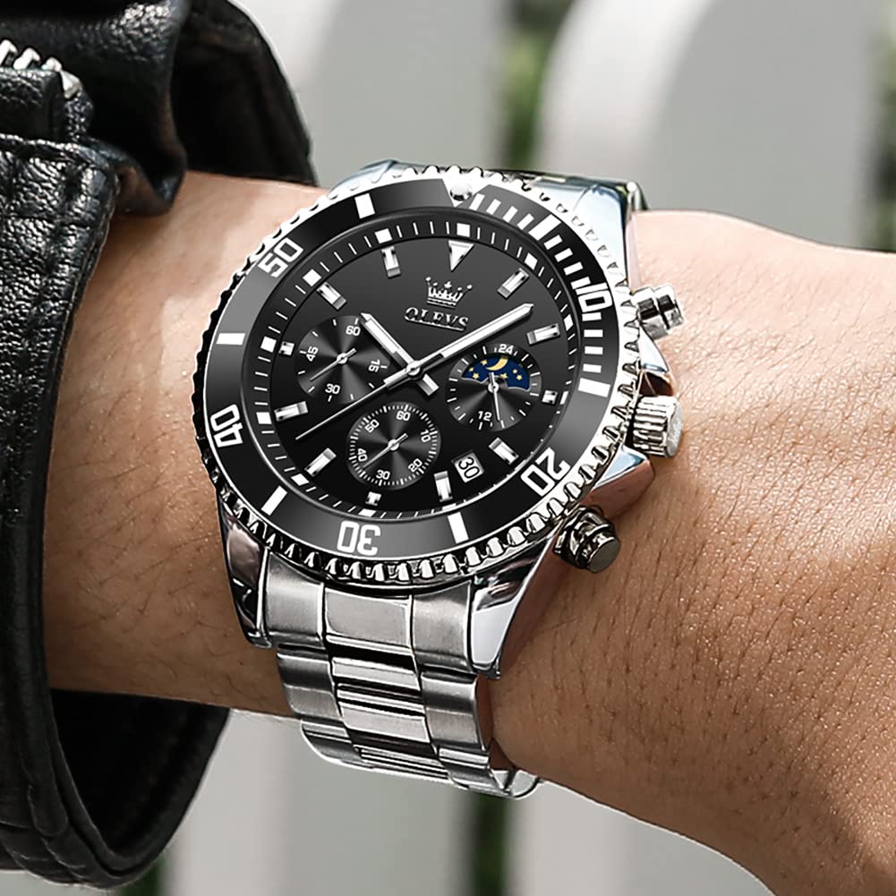 OLEVS Men's Luxury Stainless Steel Analog Quartz Watch - Big Dial, Day Display, Waterproof, Luminous, Rotatable Bezel - Classic Business Wristwatch for Formal & Casual Wear