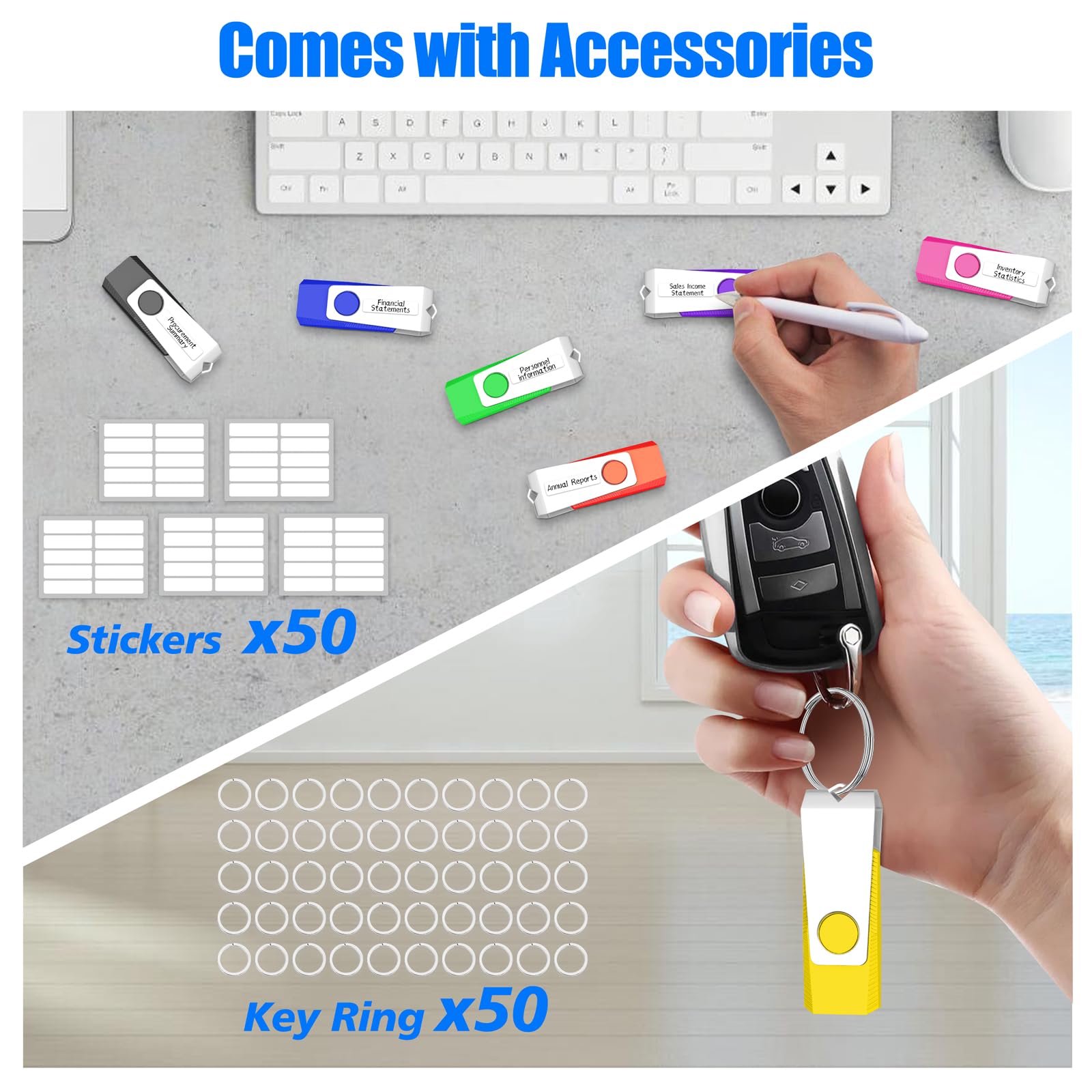 TEWENE 50-Pack 128MB USB 2.0 Flash Drives with Key Ring & Sticker - Thumb Drive Pen Drive for Data Storage, Transfer - Compatible with Computers, Laptops, Cars, TVs - Perfect for Office, School, Business, Backup & File Sharing