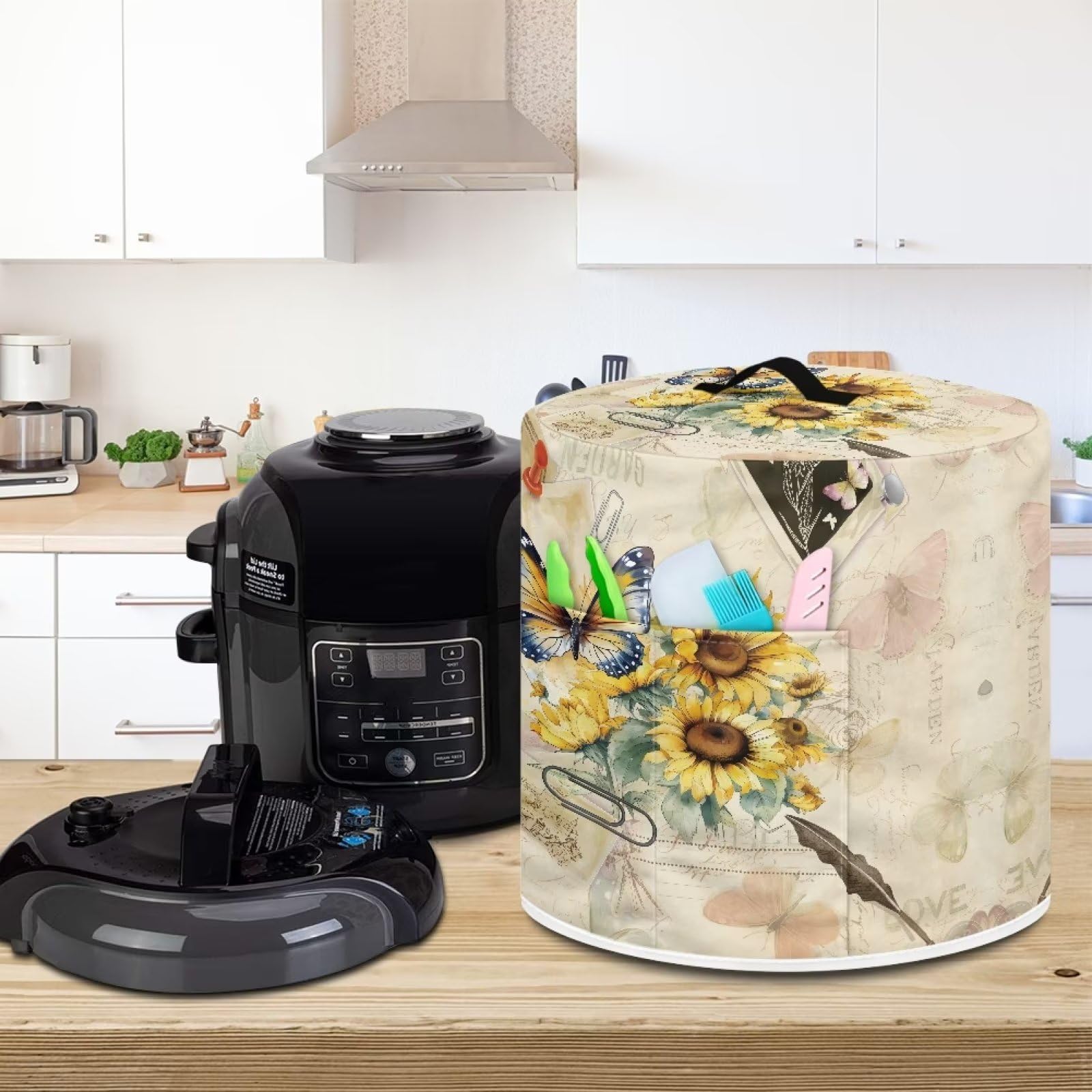 **Insulated Pressure Cooker Cover - Fits Rice Cooker, Air Fryer & Crock Pot (6 Qt) - Dust Protection with Storage Pocket for Spoons, Utensils & Recipes - Butterfly Sunflower Retro Design - Perfect for Kitchen Storage & Appliance Protection**