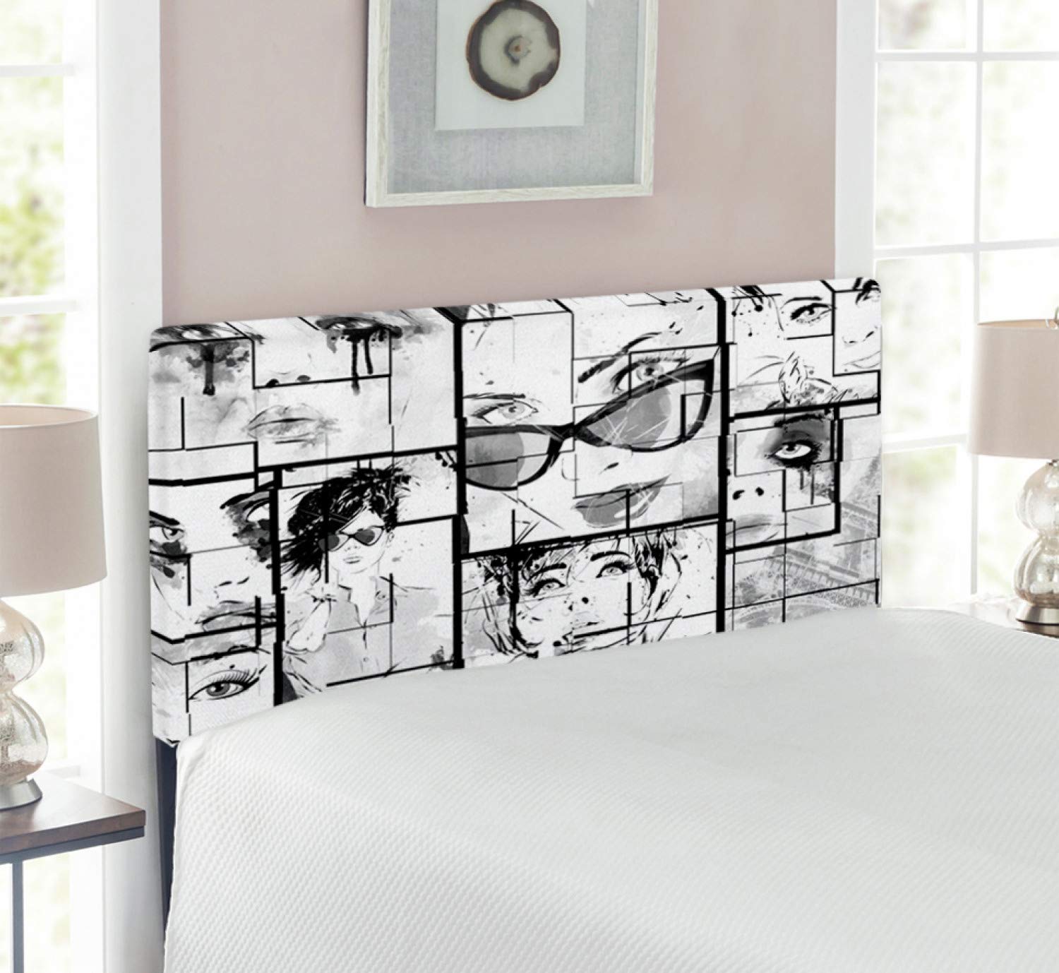 Ambesonne Parisian Eiffel Tower Headboard - Twin Size Upholstered Bed Headboard with Memory Foam, Black White Grey Design Featuring Romantic Paris Skyline & Women's Makeup Art | Perfect for Bedroom Decor, Guest Rooms & Paris-Themed Interior Design