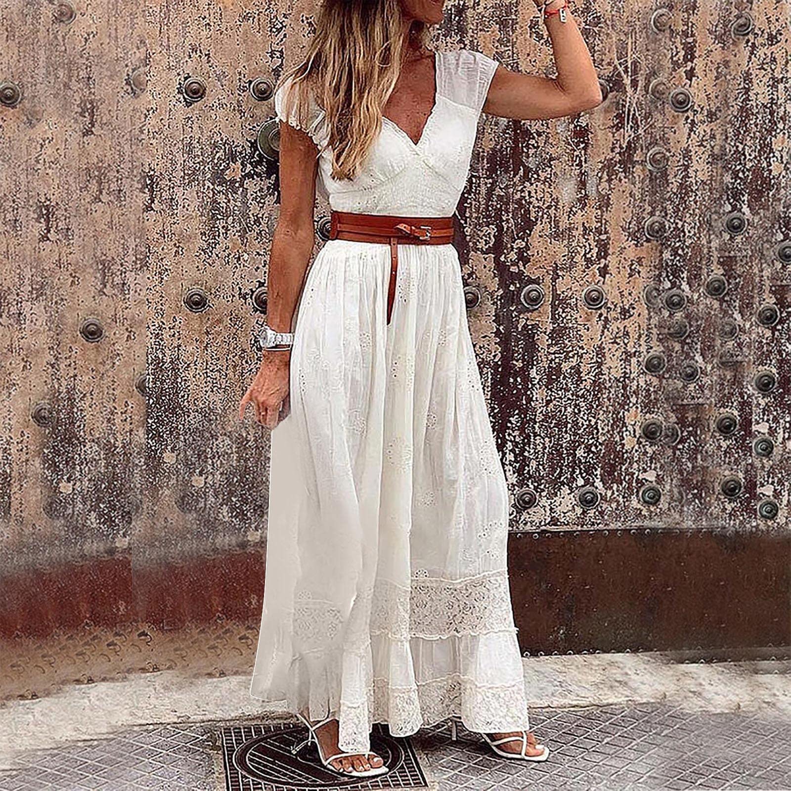 Elegant White Summer Maxi Dress for Women - V-Neck Lace Sleeve Wedding Guest & Bridesmaid Dress with Belt | Perfect for Beach Weddings, Garden Parties & Formal Occasions