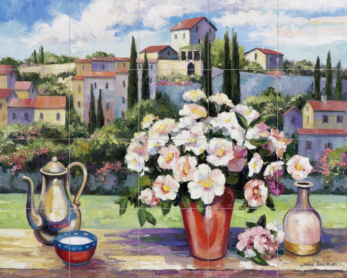 John Zaccheo Tuscan Roses Ceramic Backsplash Tile Mural - Floral Flower Design for Kitchen & Bathroom Wall Decor - Perfect for Farmhouse, Mediterranean & Vintage Style Homes