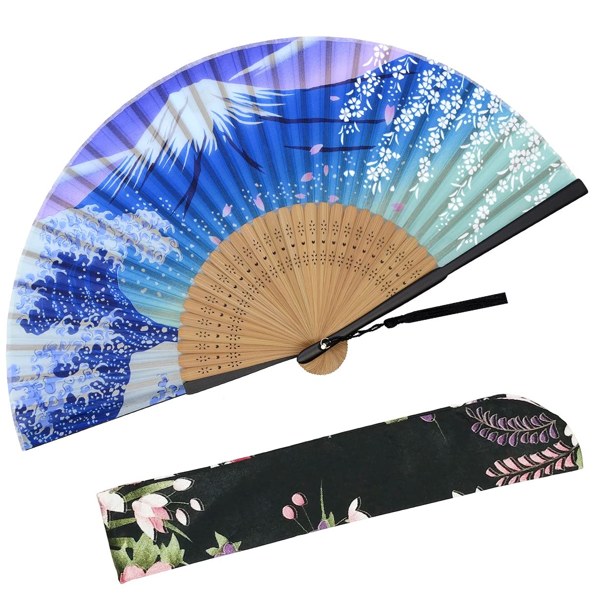Zolee Folding Hand Fan for Women - Vintage Bamboo Silk Fan for Hot Flashes, Dance Performances, Wedding Decor & Gifts - Japanese Style Cooling Fan for Summer, Parties, Cosplay & Home Decoration (Fuji Mountain Design)