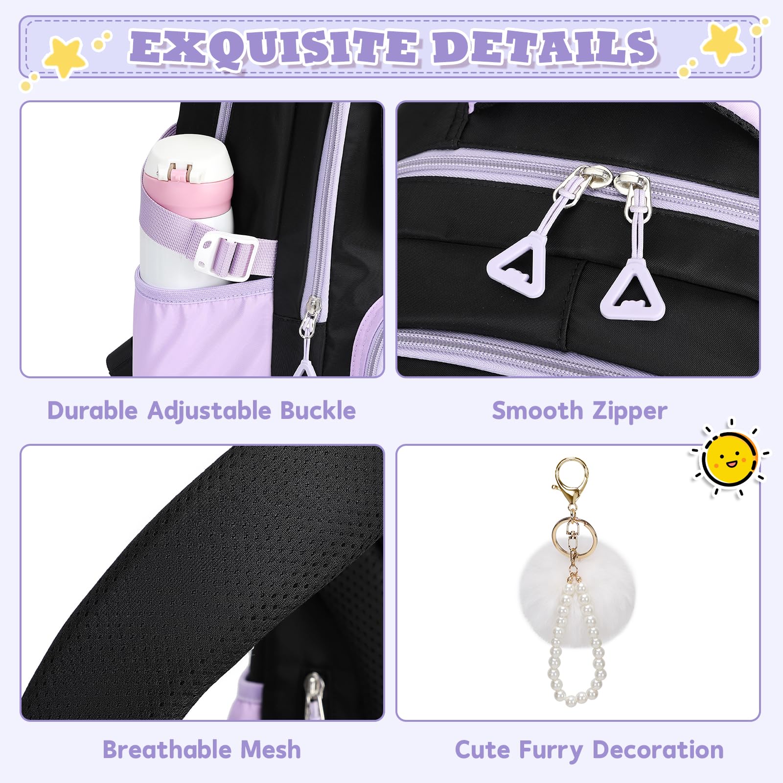 **Girls Backpack for Kindergarten, Elementary & Middle School - Large Capacity Kids Bookbag with Multiple Pockets (Black & Purple) - Perfect for School, Travel & Daily Use**
