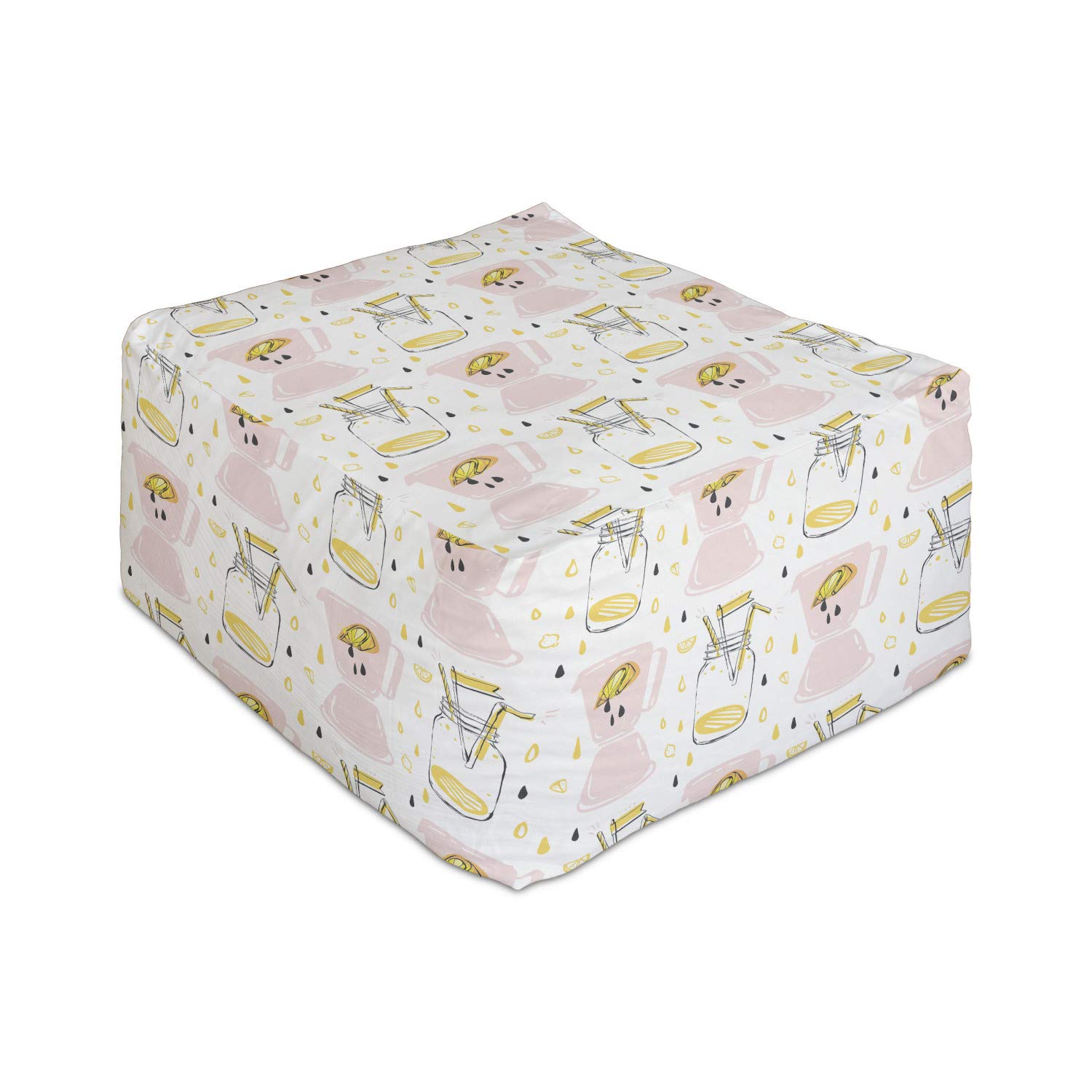 Ambesonne Summer Rectangle Pouf Ottoman - Abstract Hand-Drawn Lemonade Design with Lemon Slices & Juice Drops - 25
