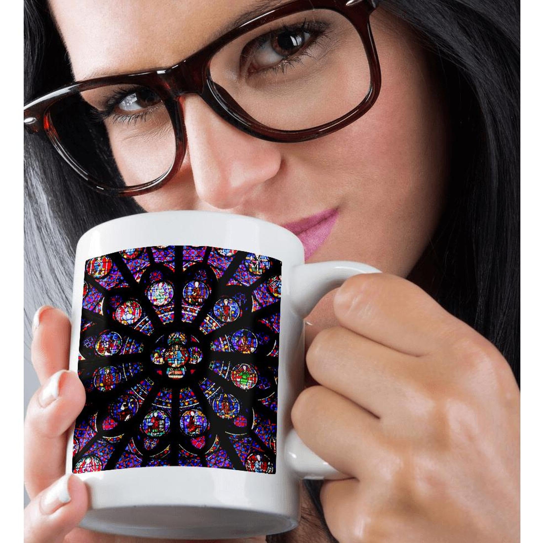 3D Rose France Paris Notre-Dame Cathedral Stained Glass Windows 15 oz Ceramic Mug - Perfect for Coffee, Tea, and Office Use