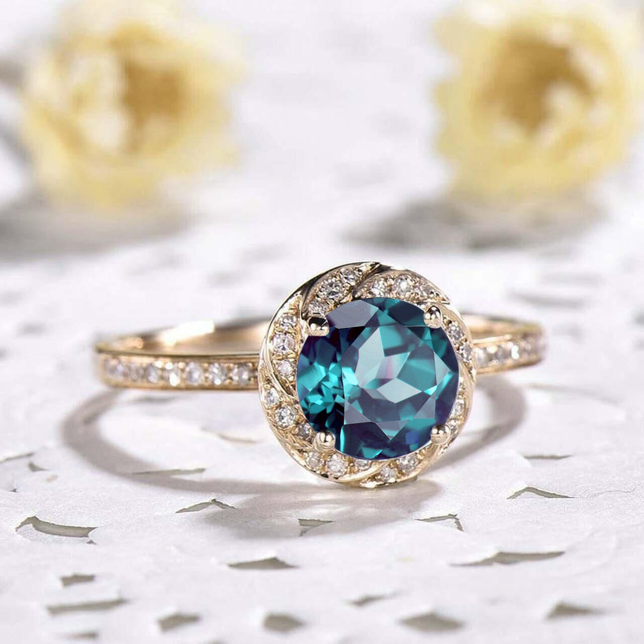 Alexandrite Diamond Halo Engagement Ring in 14K Rose Gold - Vintage Style Wedding Band for Women, Perfect for Proposals, Anniversaries & Bridal Jewelry