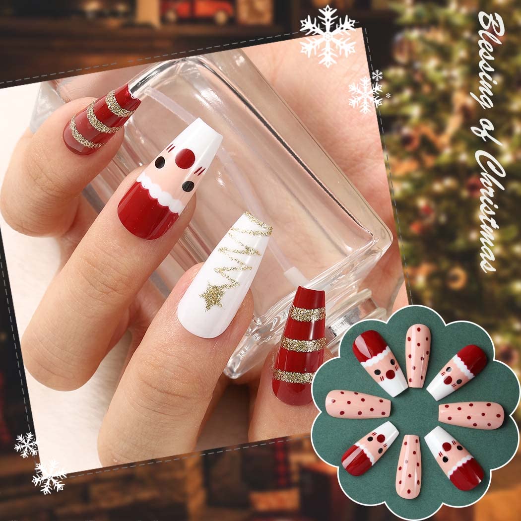 Uranian Christmas Press on Nails - 24pcs Long Red Coffin Fake Nails with Snowflake, Stripes & Santa Claus Elk Glitter Designs | Glossy Full Cover French Tip Acrylic Nails for Women & Girls | Perfect for Holiday Parties, Gift Giving & Festive Nail Art