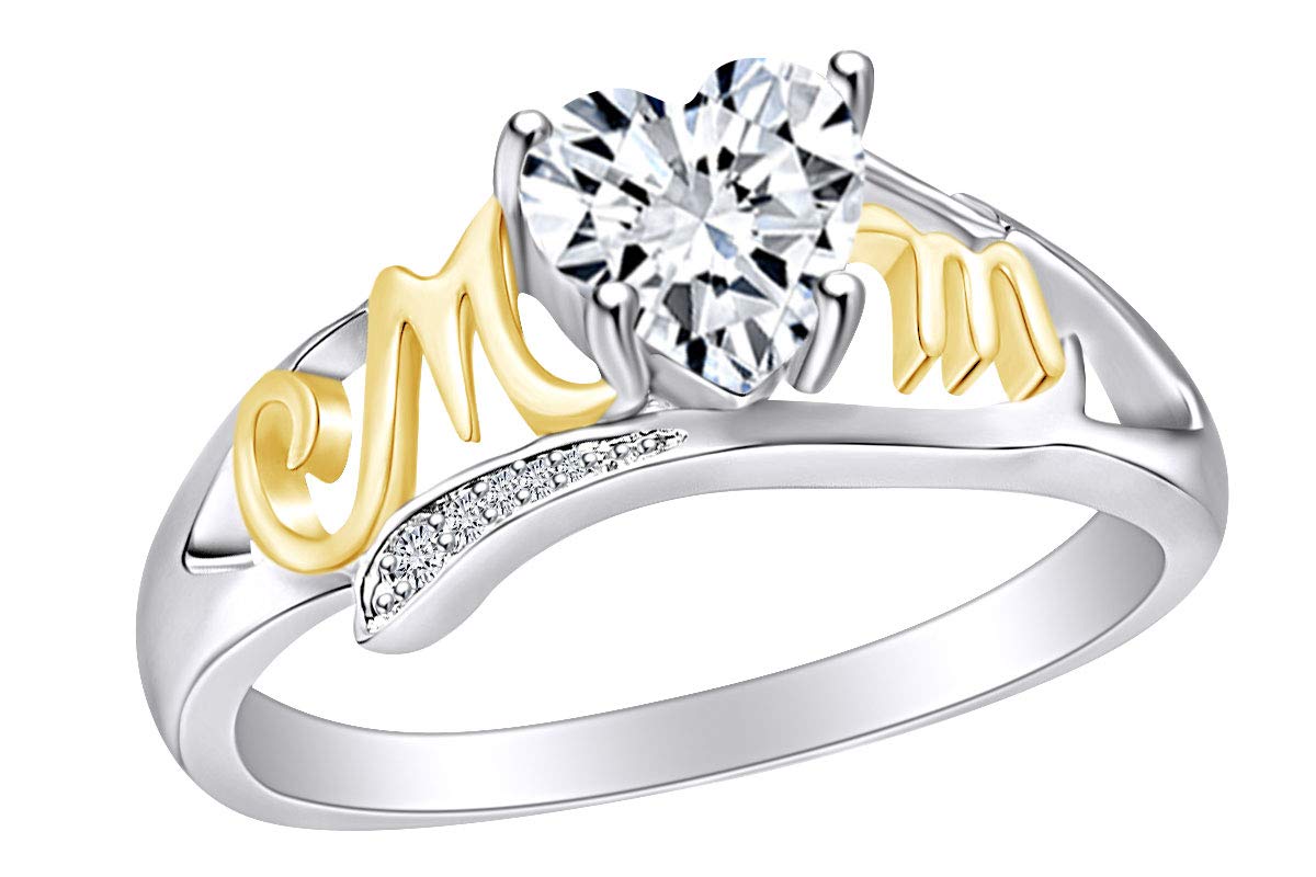 Affordable 14k Gold Over Sterling Silver Heart & Round White Cubic Zirconia Promise Ring for Mom - Elegant Two-Tone Jewelry Gift for Women, Perfect for Mother's Day, Anniversary, Birthday & Valentine's Day