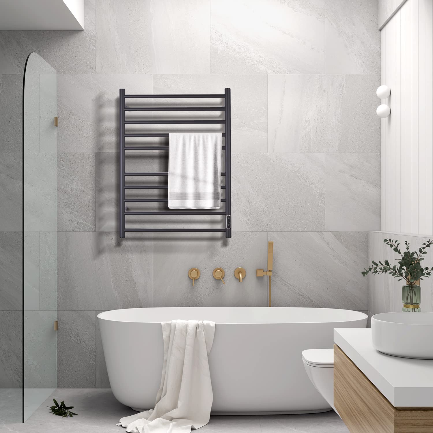 ETW25A Electric Towel Warmer with Timer - Wall Mounted Bathroom Heated Towel Rack, Plug-in Black - Perfect for Spa, Luxury Bathrooms & Cold Weather Comfort