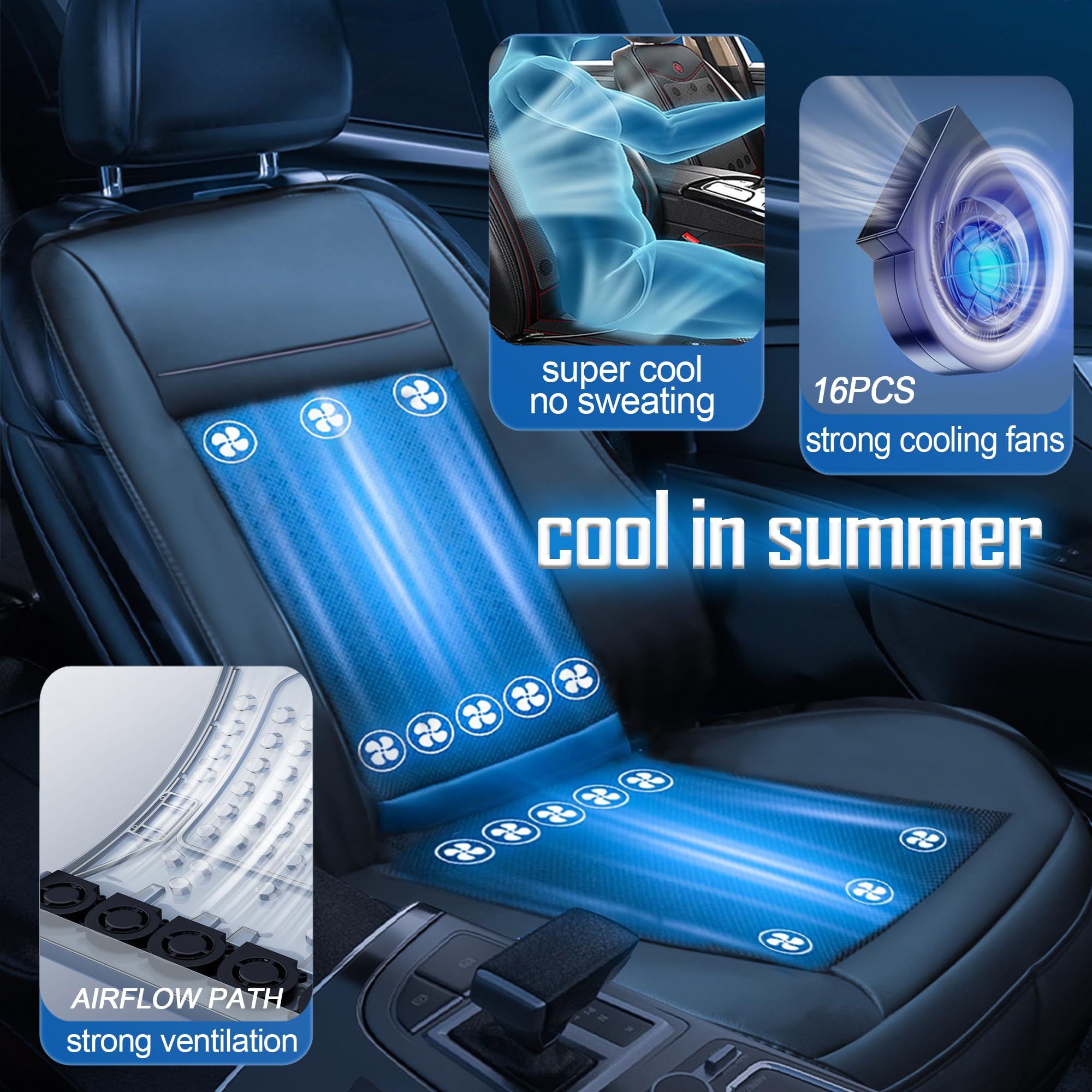 12V Cooling Car Seat Cushion - Ventilated Massager Pad for Car & SUV - Summer Comfort - Black