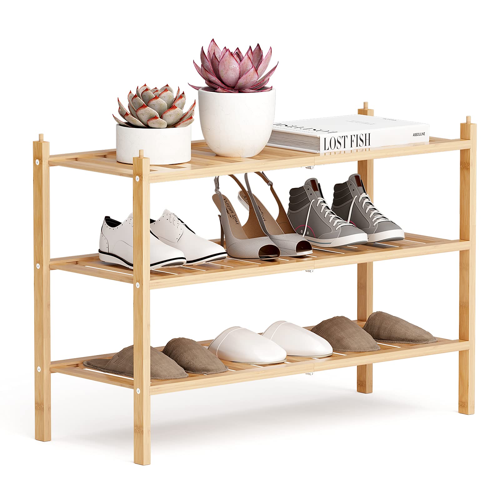 3-Tier Bamboo Shoe Rack - Stackable Storage Organizer for Closet, Entryway & Hallway - Space Saving Shoe Shelf for Bathroom, Living Room & Bedroom (Natural Bamboo) - Perfect for Small Spaces & Home Organization