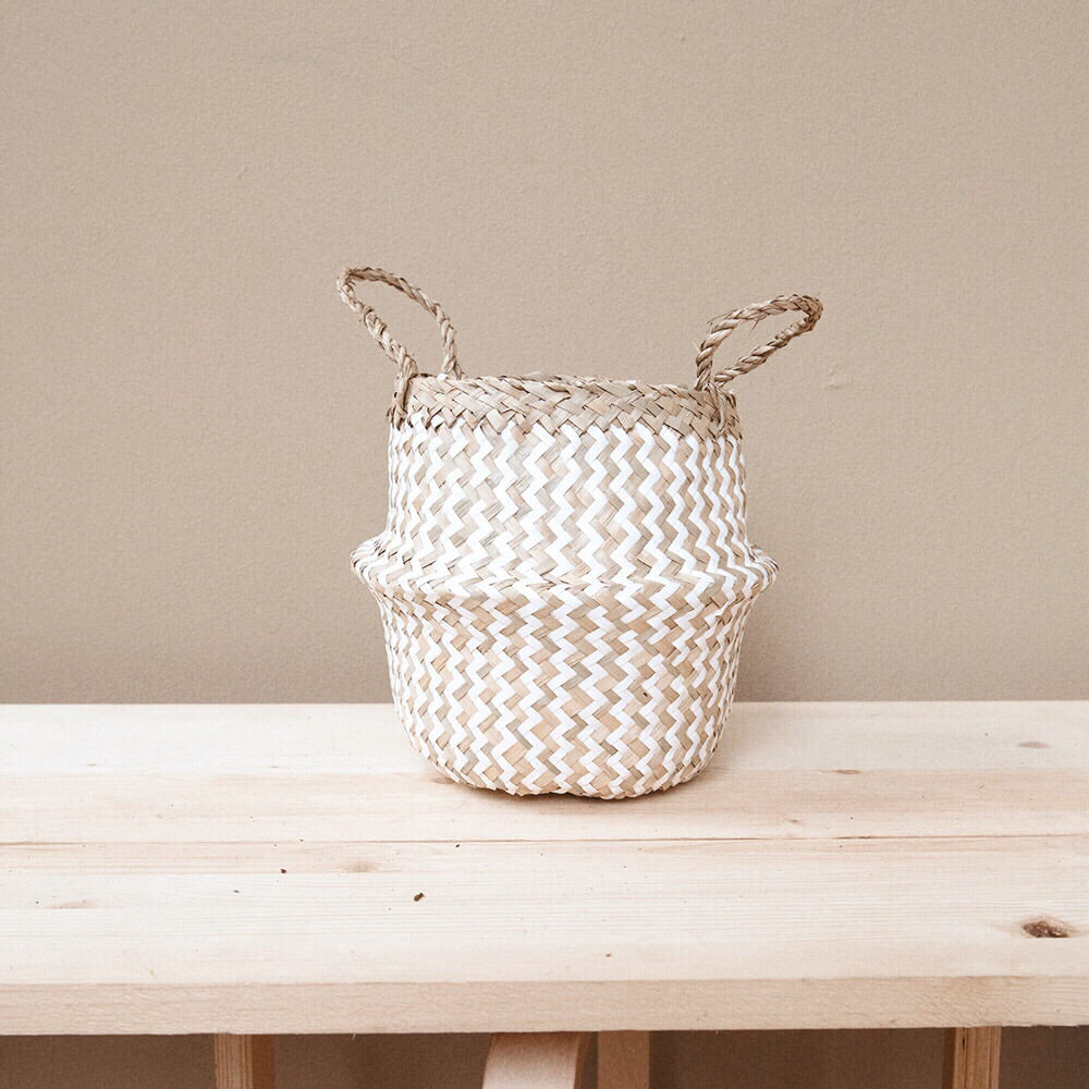 Mini Belly Basket - White Zigzag Pattern Storage Organizer for Home, Office, Nursery | Perfect for Toys, Blankets, and Laundry Organization