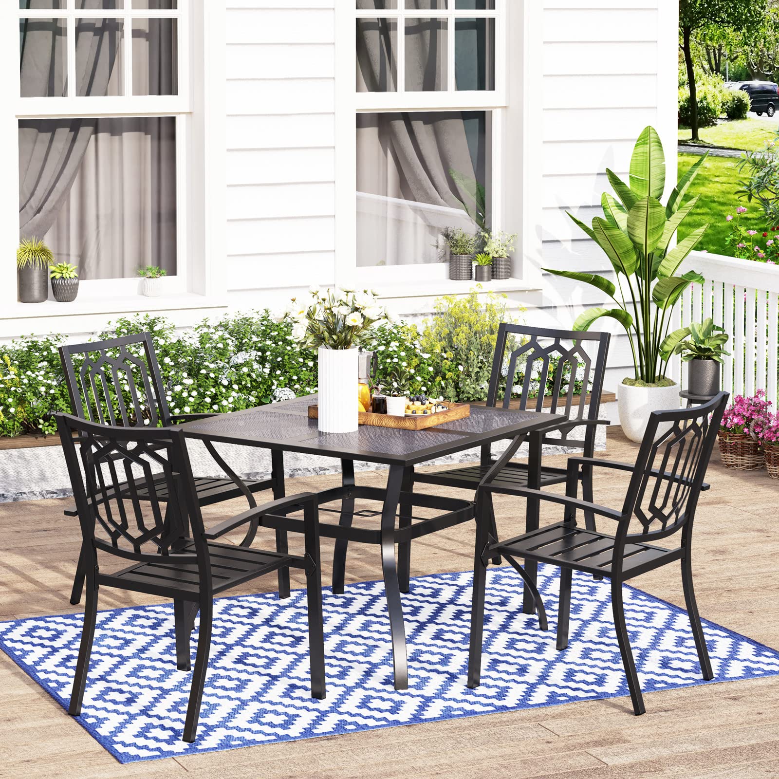 MFSTUDIO 5-Piece Black Metal Dining Table Set with 4 Armrest Chairs - 37