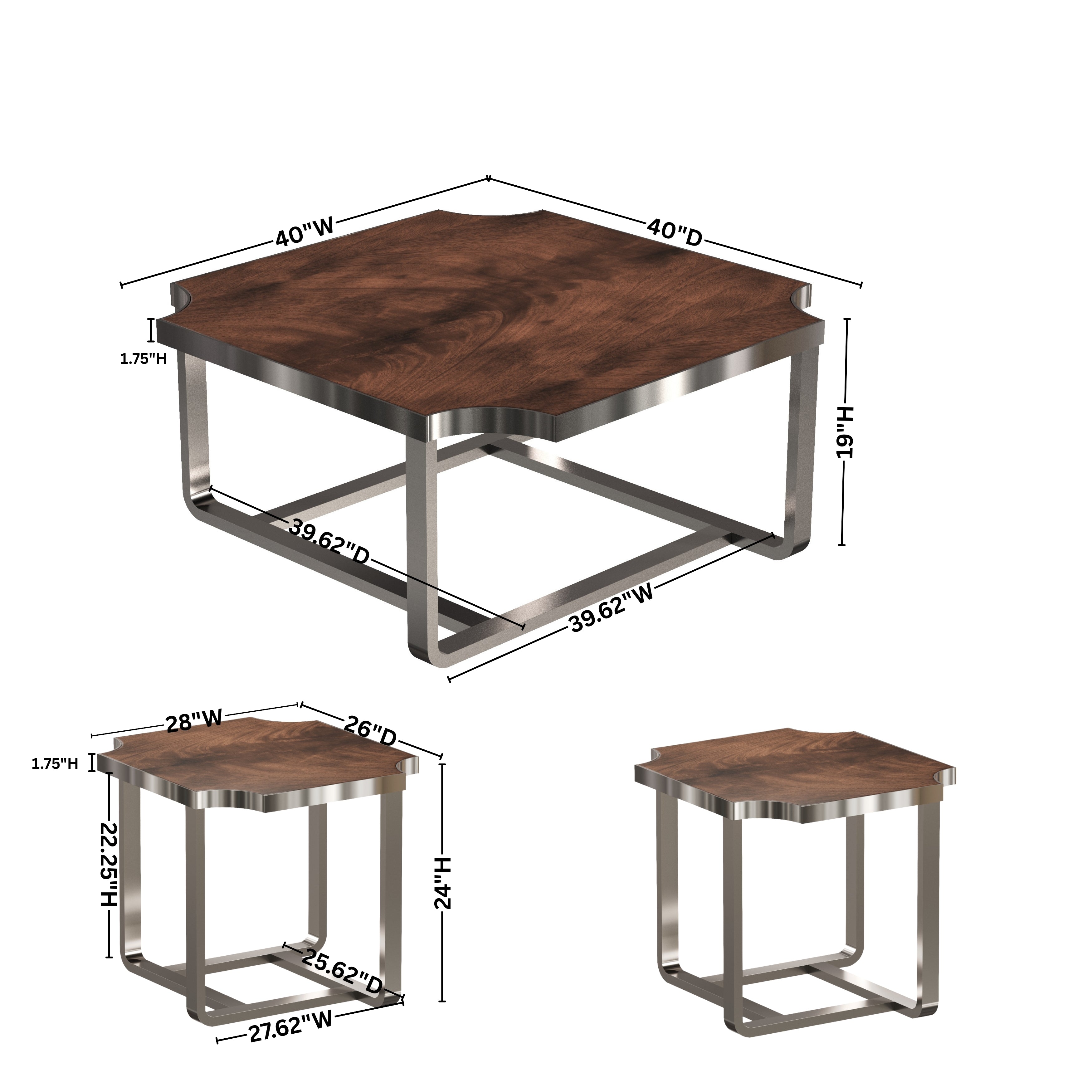 Roundhill Furniture Ruffin 3-Piece Square Coffee Table Set - 40x40 Inch Modern Coffee Table with 2 Matching End Tables for Living Room, Lounge & Home Decor