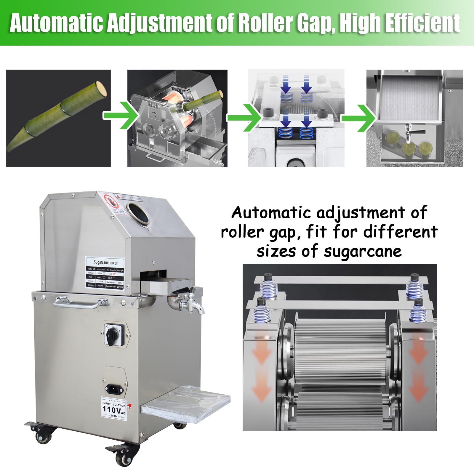 800W Commercial Electric Sugarcane Juicer Machine - 3 Rollers Auto Pressure Adjustment, 660lbs/h High Yield, Vertical Sugar Cane Press Extractor for Juice Bars, Restaurants & Healthy Home Use