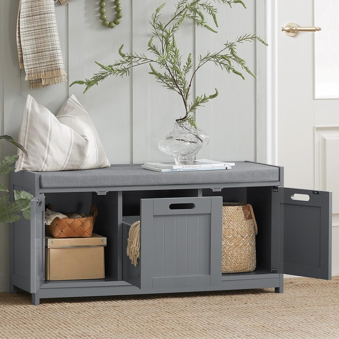Haotian Storage Bench with 2 Cabinets, 1 Drawer & Removable Cushion - Multifunctional Entryway Shoe Organizer Bench for Hallway, Bedroom, Nursery - Grey FSR80-SG | Perfect for Small Space Organization & Shoe Storage Solutions