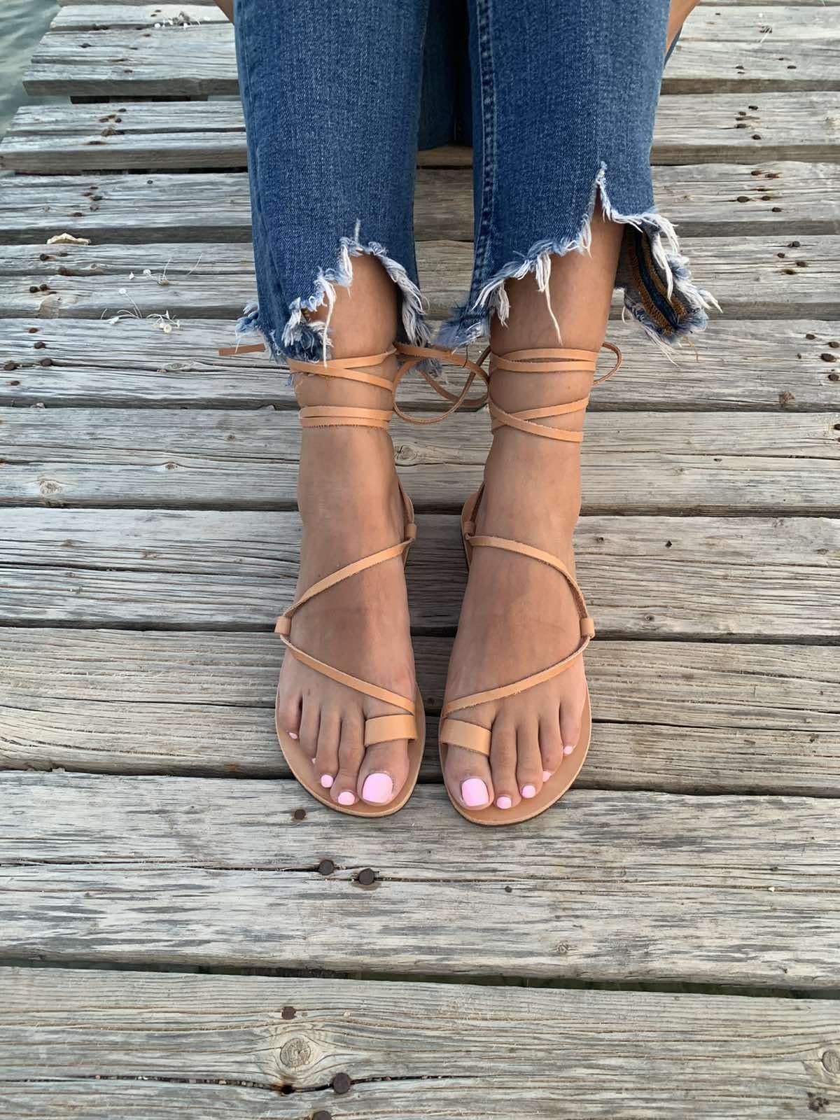 Women's Beige Leather Gladiator Sandals with Toe Ring - Comfortable Lace-Up Greek Style Flip Flops for Beach, Summer & Casual Wear (Size 40)