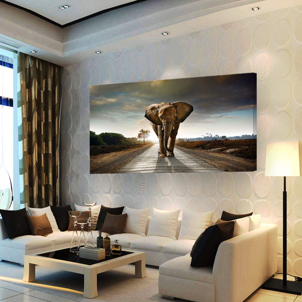 Muolunna D1275 Elephant Canvas Wall Art - Stretched Framed Grey Landscape Animal Painting for Living Room, Bedroom, Home Office & Kitchen Decor - Perfect for Nature Lovers & Home Interior Design