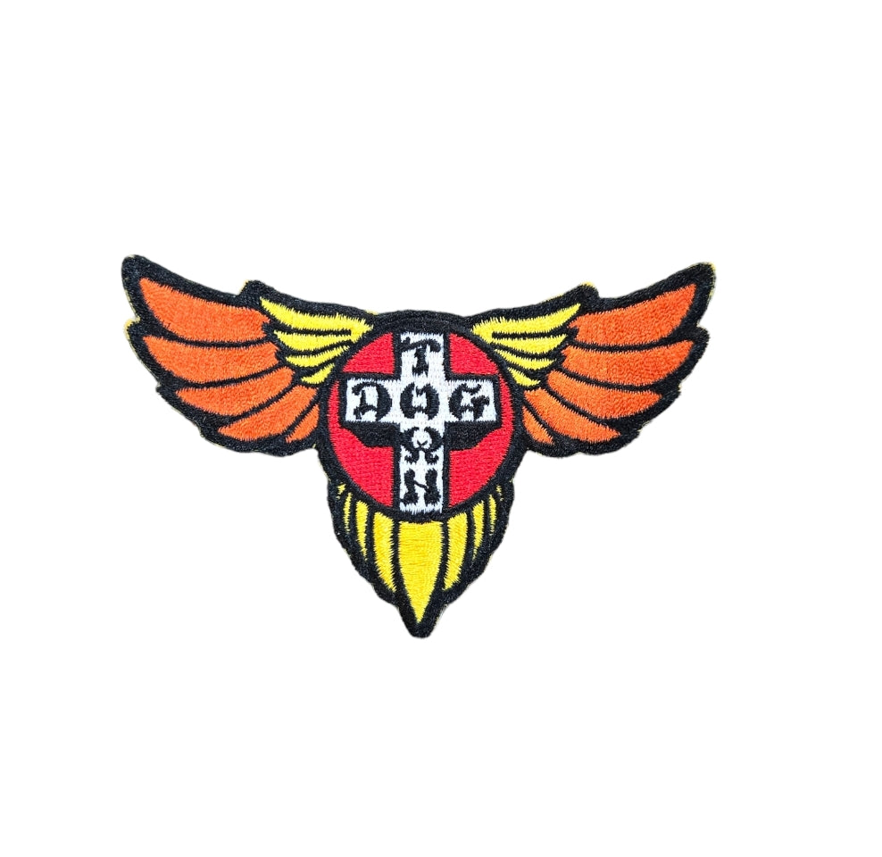 Dogtown Wing Logo Patch 4 - Orange & Yellow Embroidered Iron-On Badge for Jackets, Bags & DIY Crafts | Skateboard & Streetwear Style Accessory