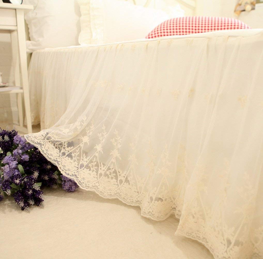 Brandream Luxury Ivory White Lace Bed Skirt - Queen Size Split Corner Design, 18 Inch Drop Dust Ruffle for Vintage Style Bedding | Perfect for Romantic Bedroom Decor, Girls' Room & Bridal Suite
