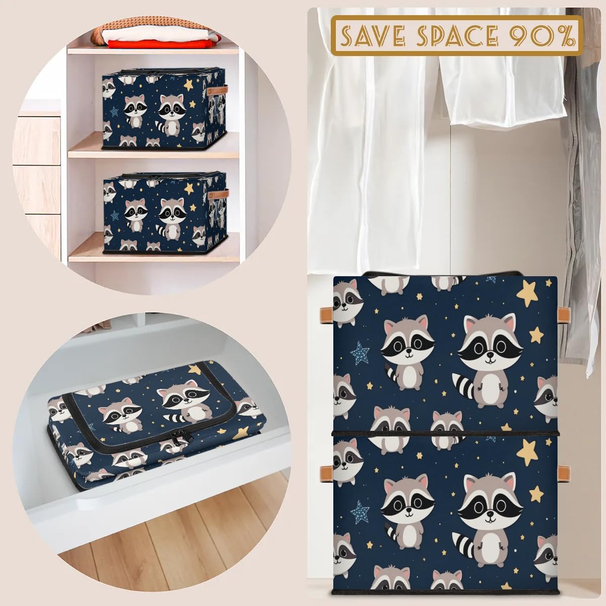 Cute Raccoon Fabric Storage Bins with Lid & Leather Handle - Foldable Washable Closet Organizer for Clothes, Toys, or Blankets (2-Pack) - Perfect for Bedroom, Nursery, or Office Organization
