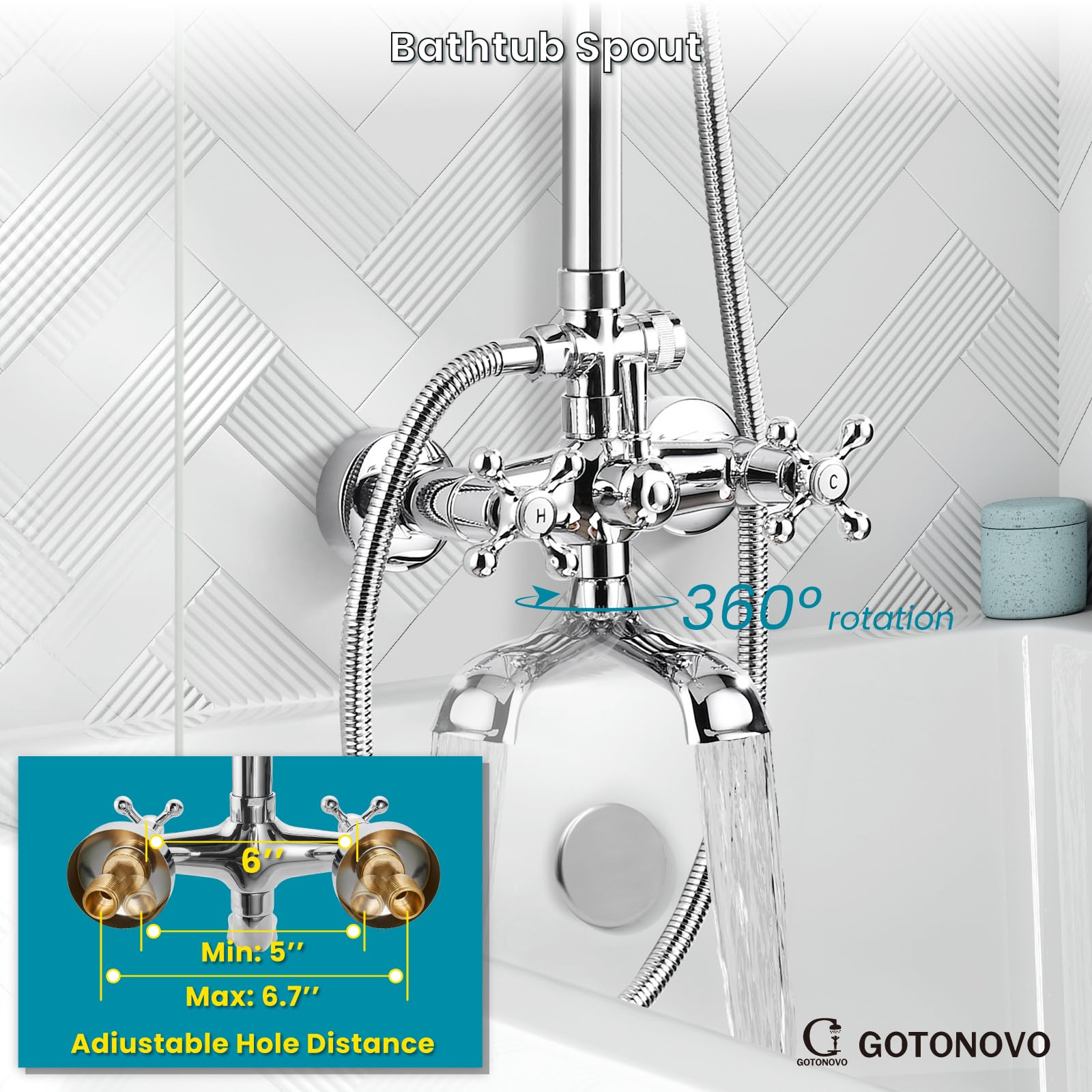 Gotonovo 8 Inch Exposed Shower Faucet Set - 3-Function Rainfall Showerhead with Tub Spout & Cross Handles - Polish Chrome Shower System for Bathroom Remodel & Luxury Spa Experience