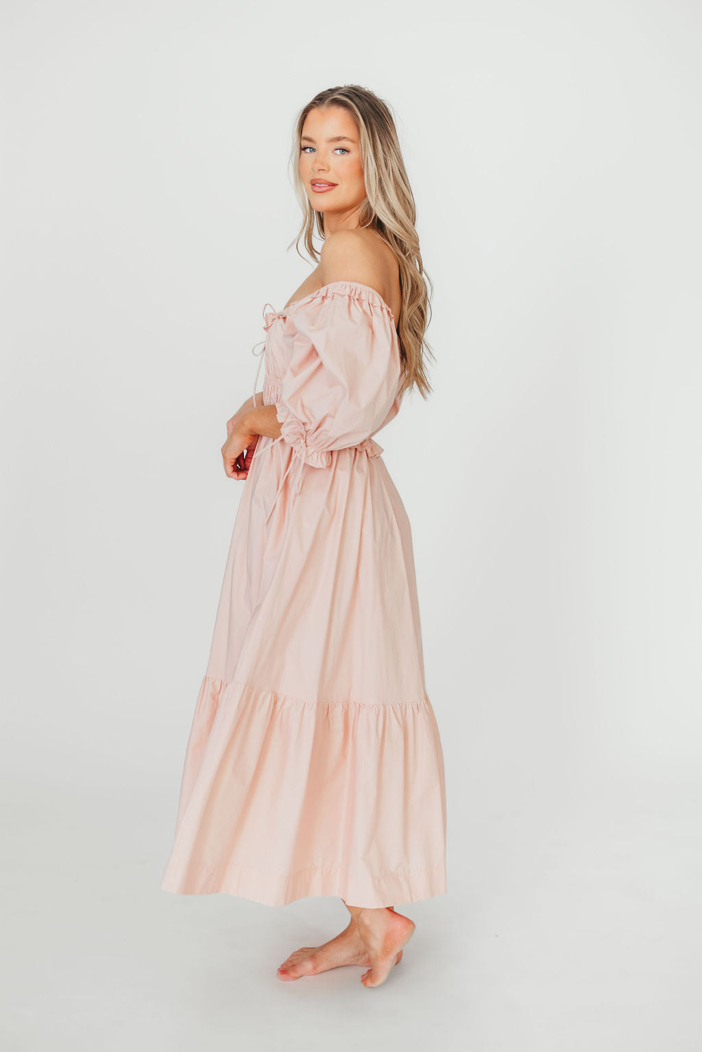 Crissy Ruched Midi Dress - 100% Cotton Bump Friendly Maternity Dress in Dusty Pink | Perfect for Baby Showers, Maternity Photos & Everyday Comfort