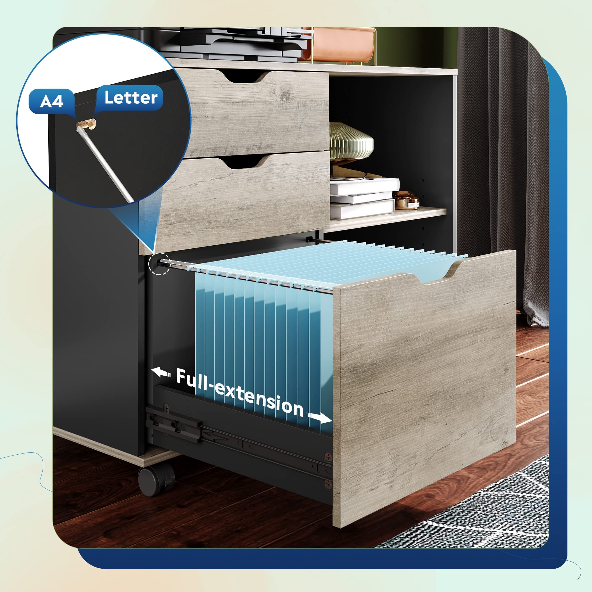 DEVAISE 3-Drawer Wood File Cabinet - Mobile Lateral Filing Cabinet with Open Storage Shelves - Printer Stand for Home Office Organization - Greige Finish - Perfect for Small Spaces & Office Storage Solutions